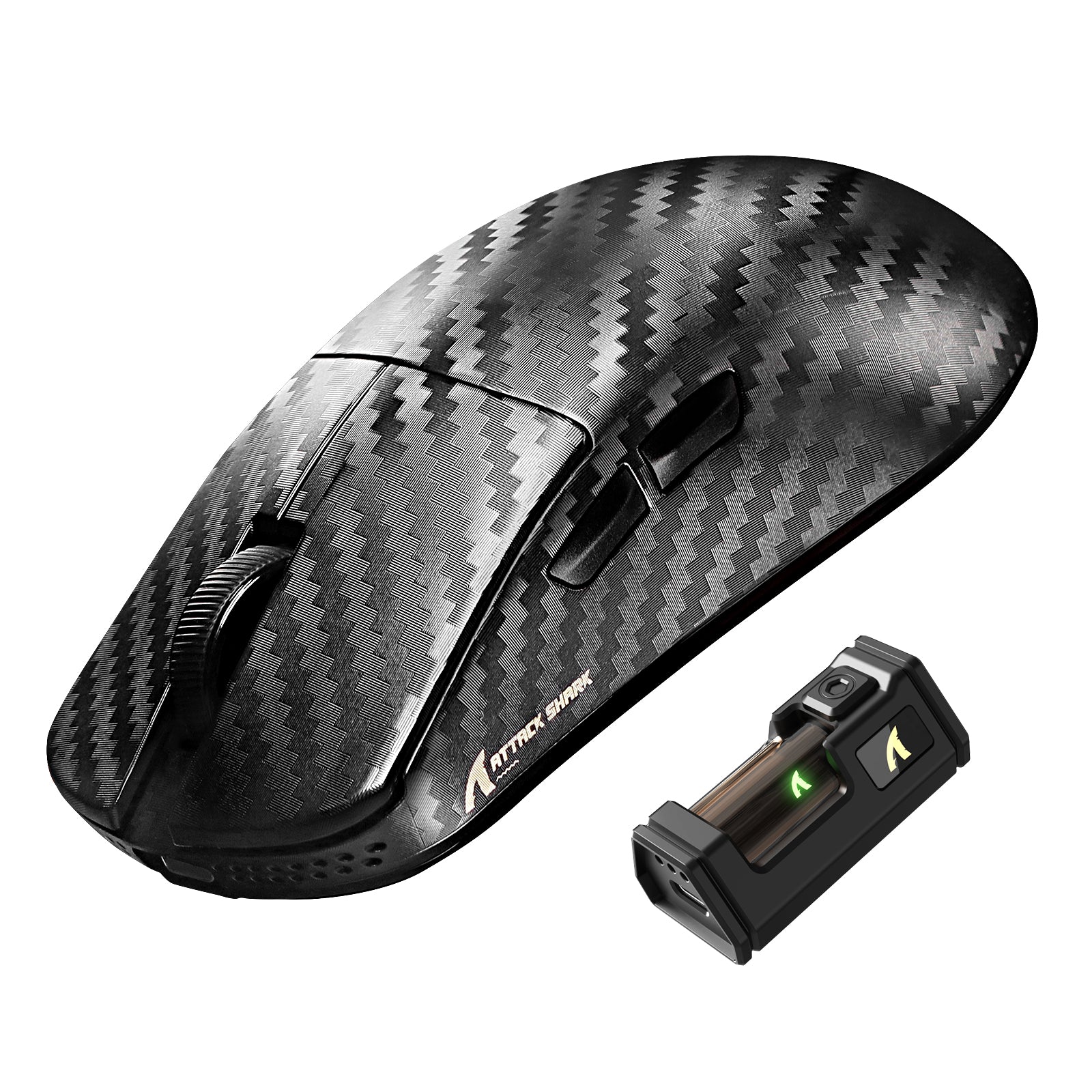 ATTACK SHARK R11 ULTRA ultralight carbon fiber gaming mouse and wireless receiver.