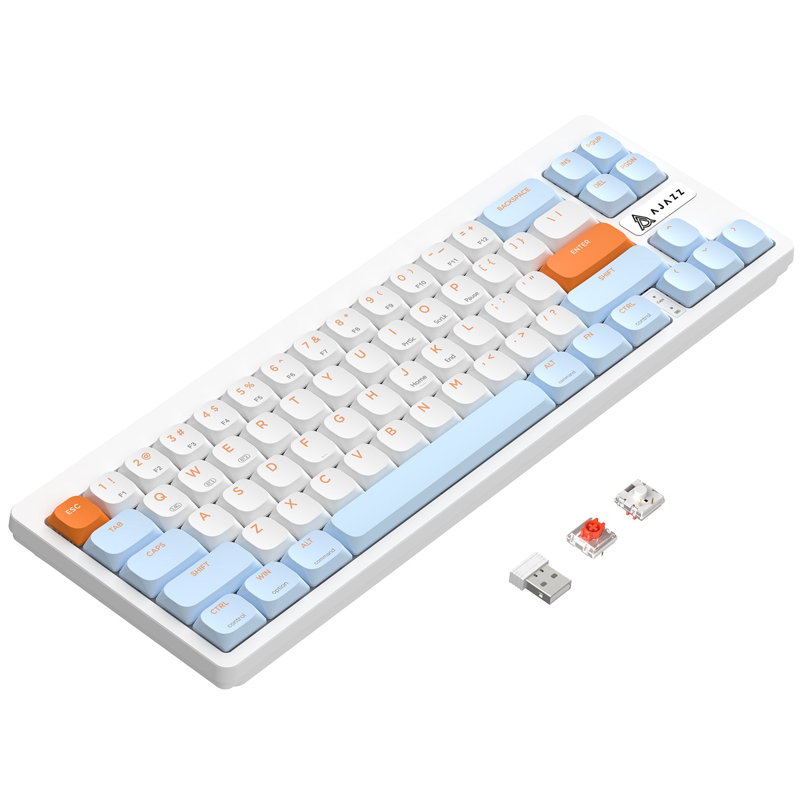 AKL680 mechanical keyboard with light blue and orange keycaps, USB receiver, and key switch