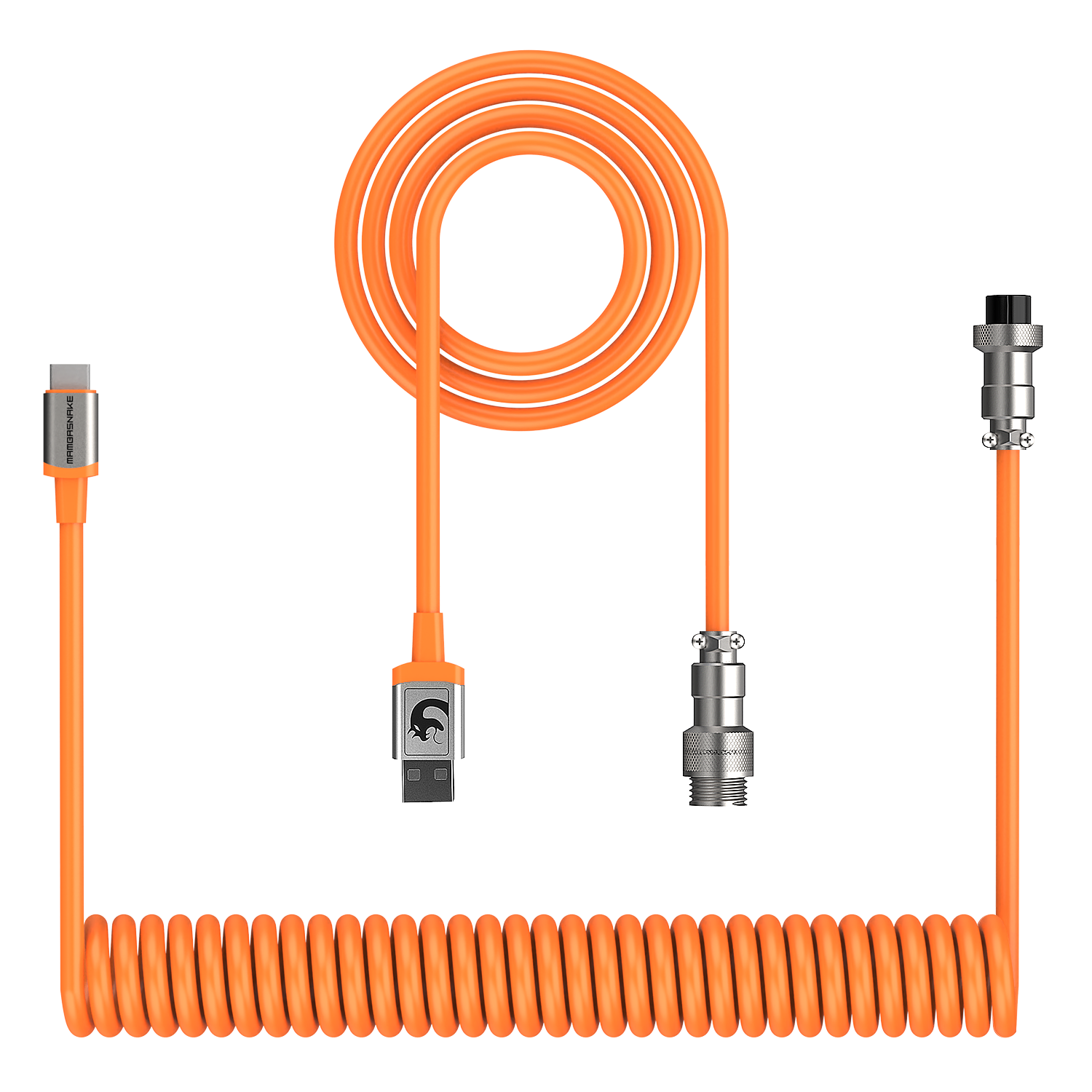 Coiled orange USB-C keyboard cable with detachable metal aviator connector and USB-A end.