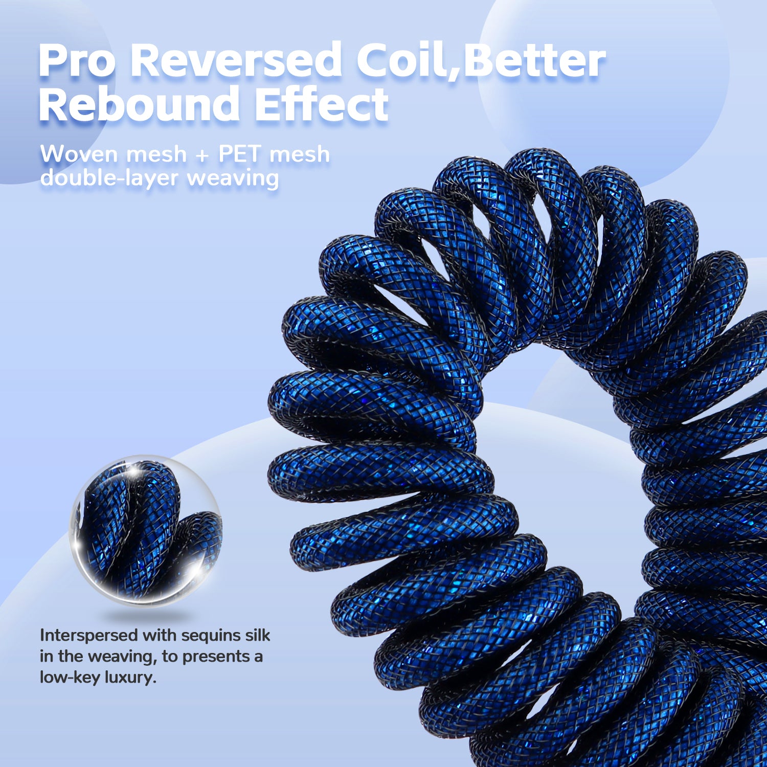 Pro Reversed Coil USB-C keyboard cable with blue woven mesh and sequins silk design