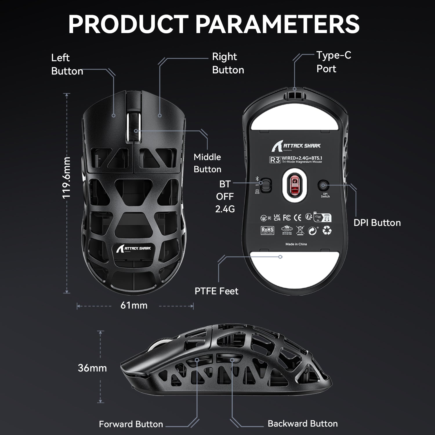 Attack Shark R3 gaming mouse with product parameters labeled, showcasing buttons and dimensions.