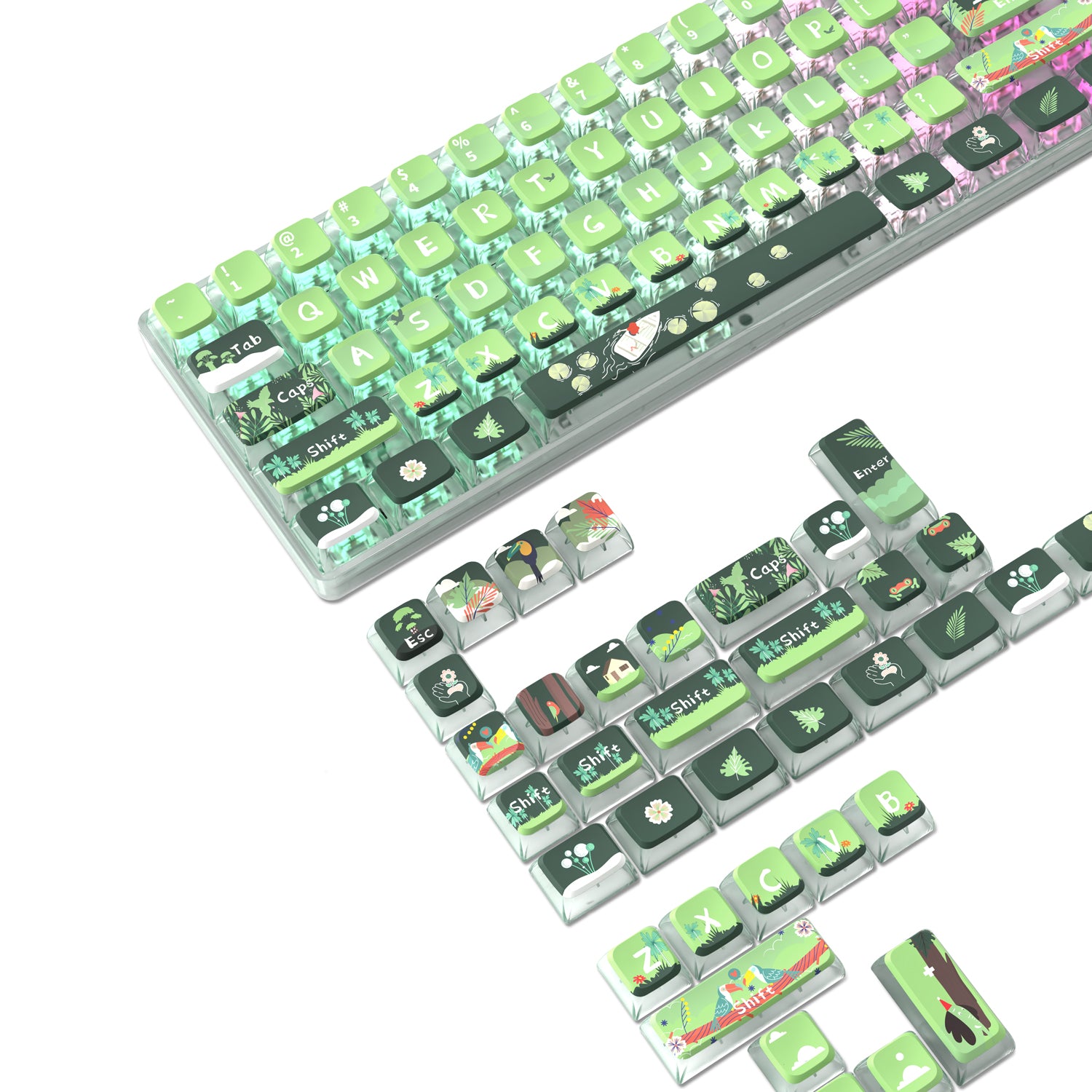 Green mechanical keyboard with botanical keycaps featuring plants and flowers designs.