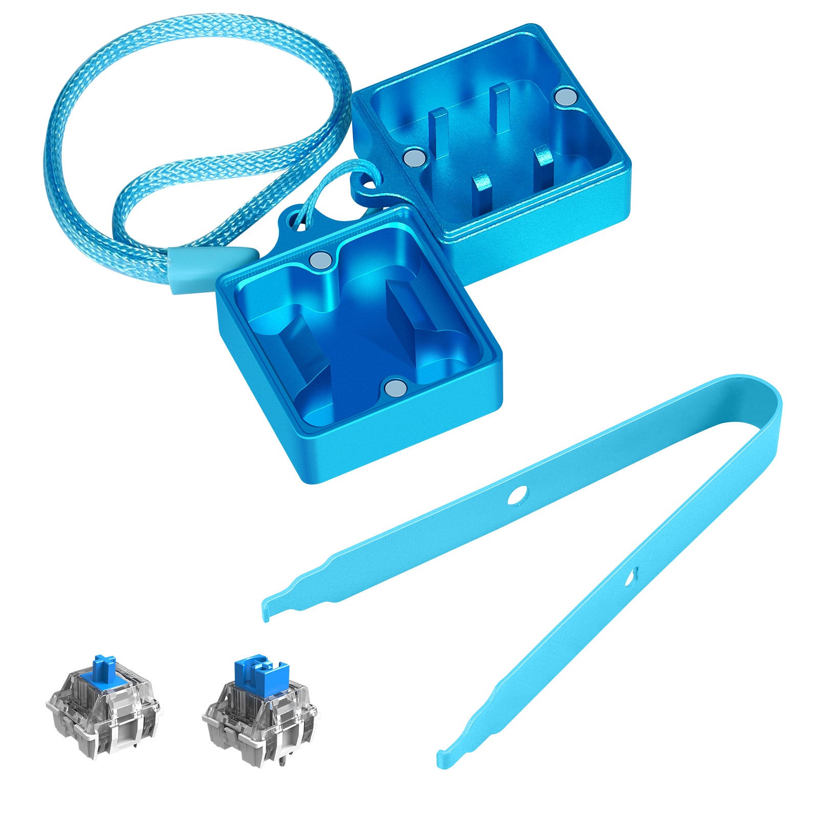 Light blue 2-in-1 switch opener kit with switch puller and two mechanical switches.