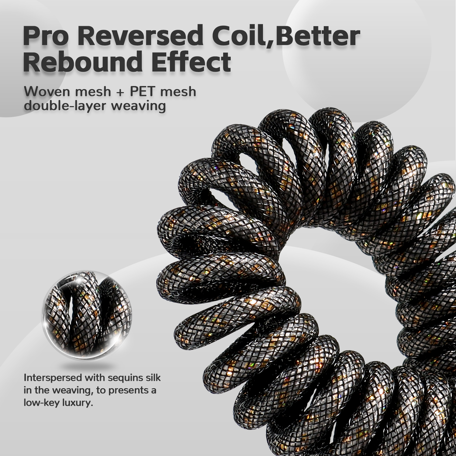 Pro reversed coil of C03 coiled USB-C keyboard cable with woven nylon and sequins silk.