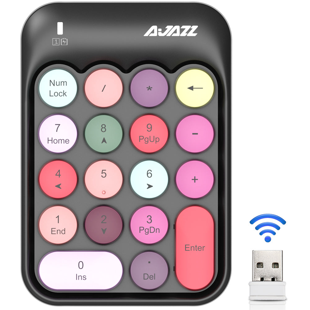 Black AJAZZ AK18 wireless numeric keypad with pastel keys and USB receiver for wireless use.