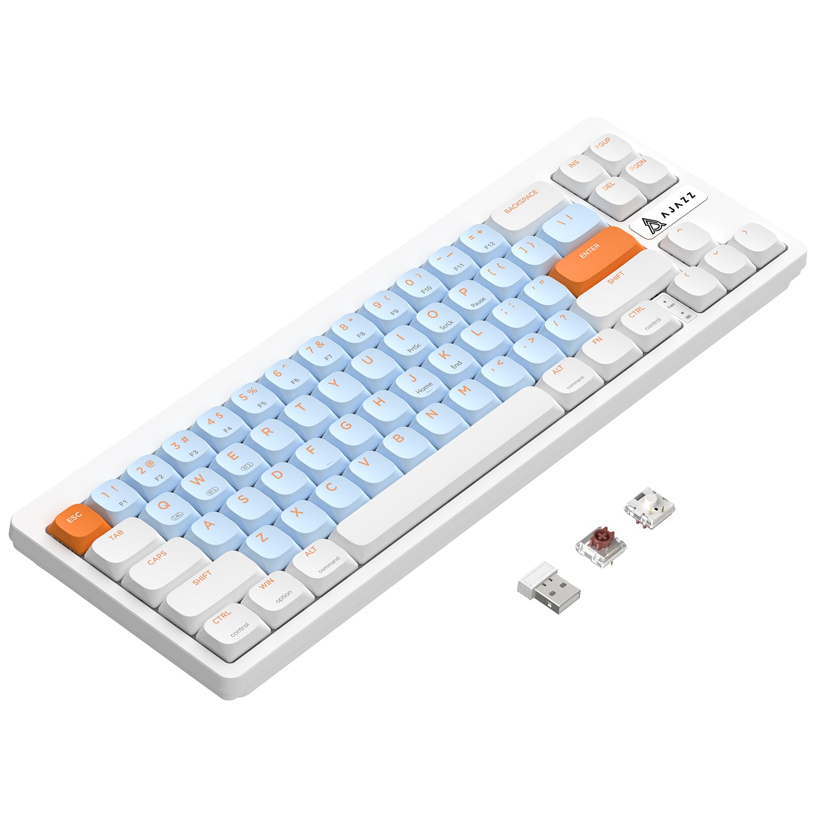 AKL680 low profile wireless mechanical keyboard with colorful keycaps and USB receiver.