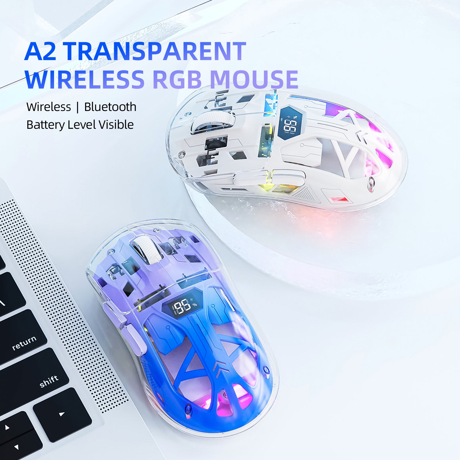 A2 transparent RGB wireless mouse with visible battery level next to a laptop.