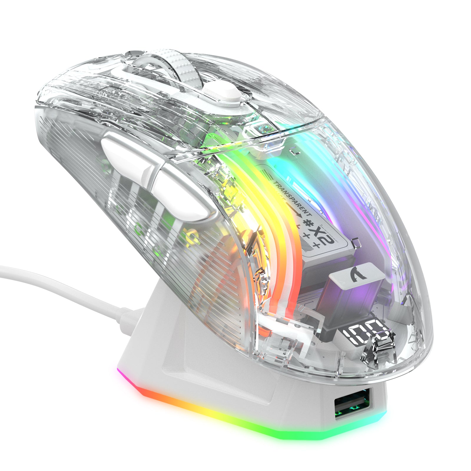 X2PRO wireless gaming mouse on RGB charging dock with transparent shell lighting.