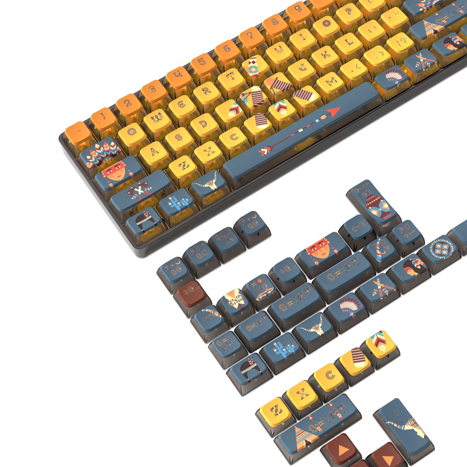 Colorful 120-key keycap set with playful designs for mechanical keyboards.