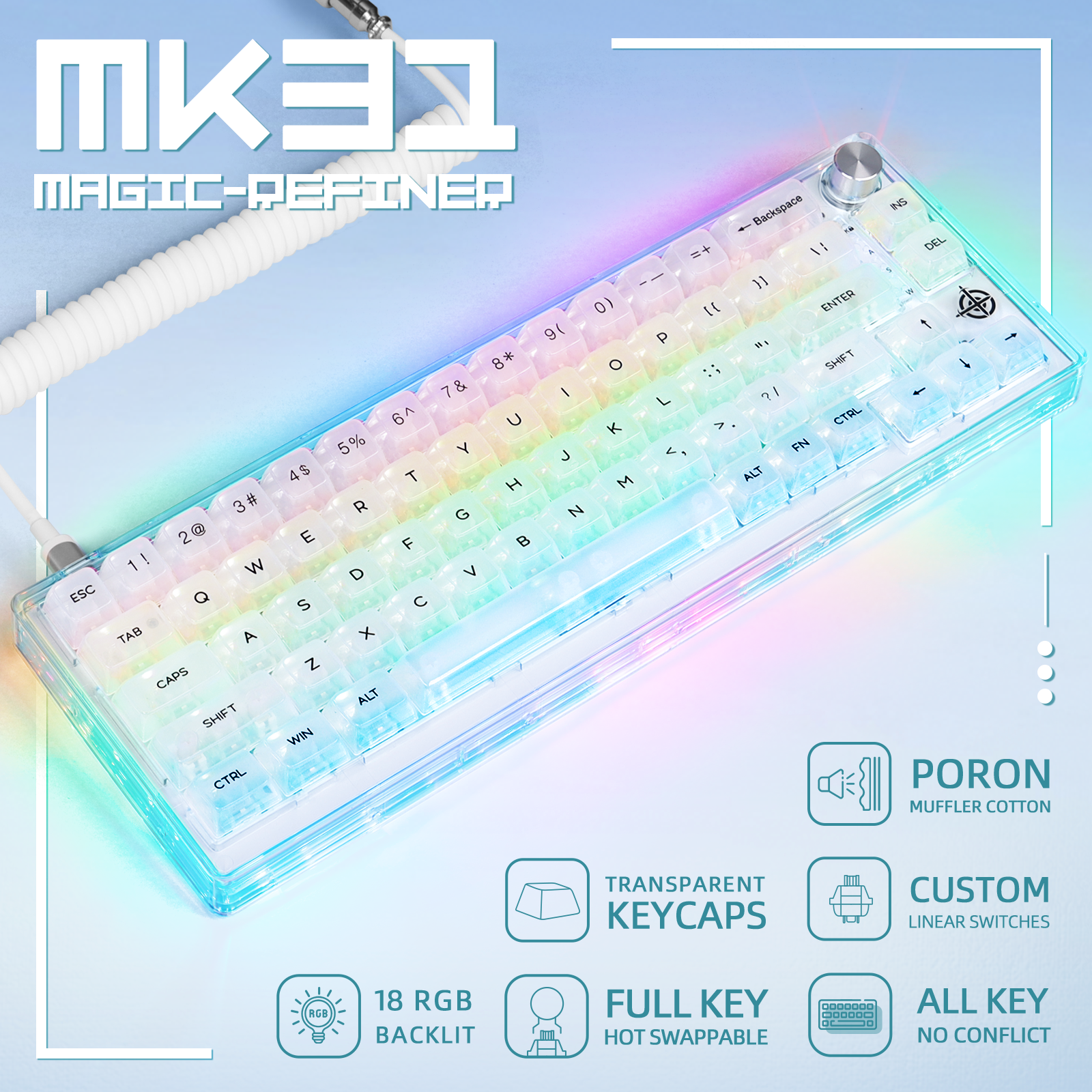 MK31 transparent mechanical keyboard with RGB lighting and customizable switches.