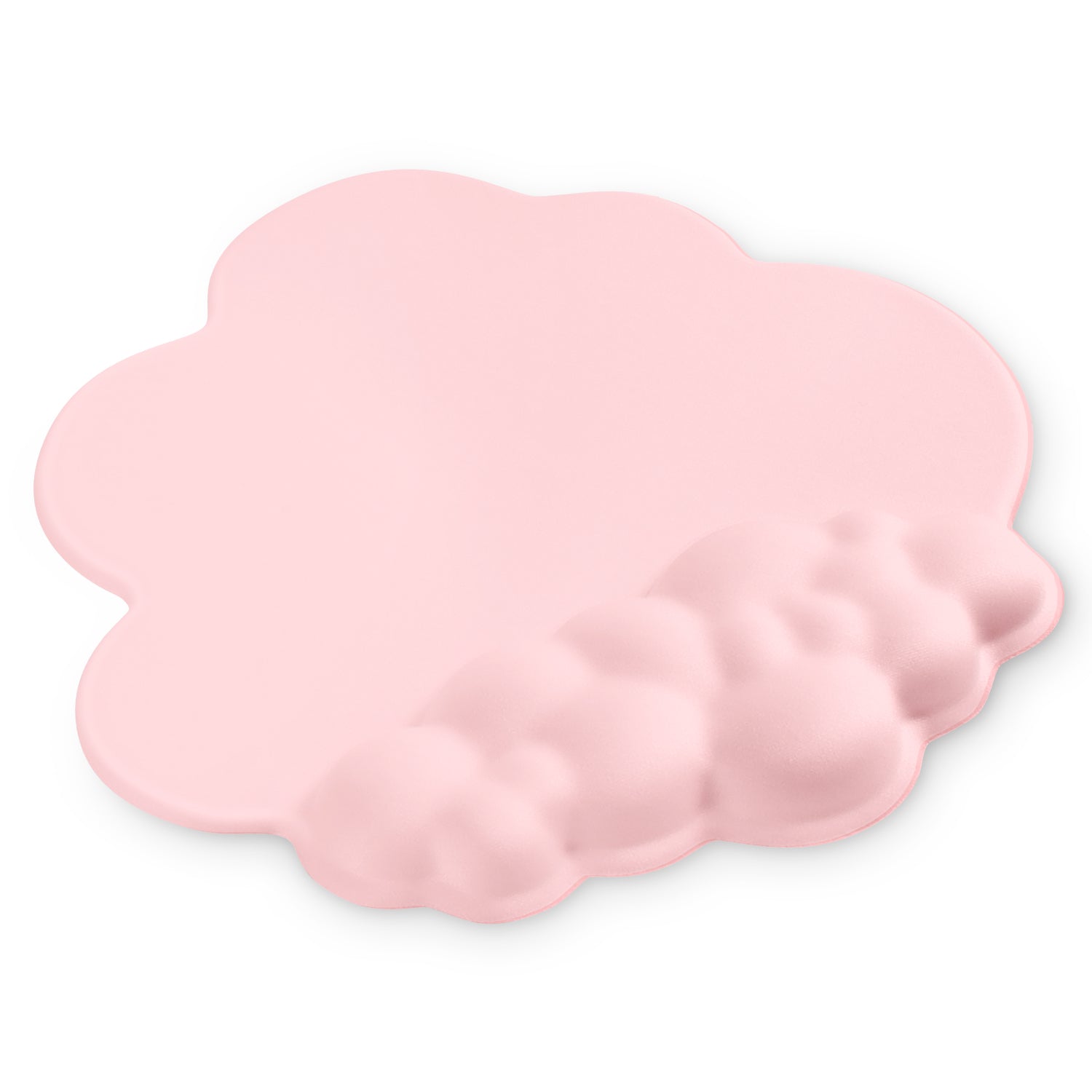 Pink cloud-shaped mouse pad with ergonomic wrist support and soft padding.