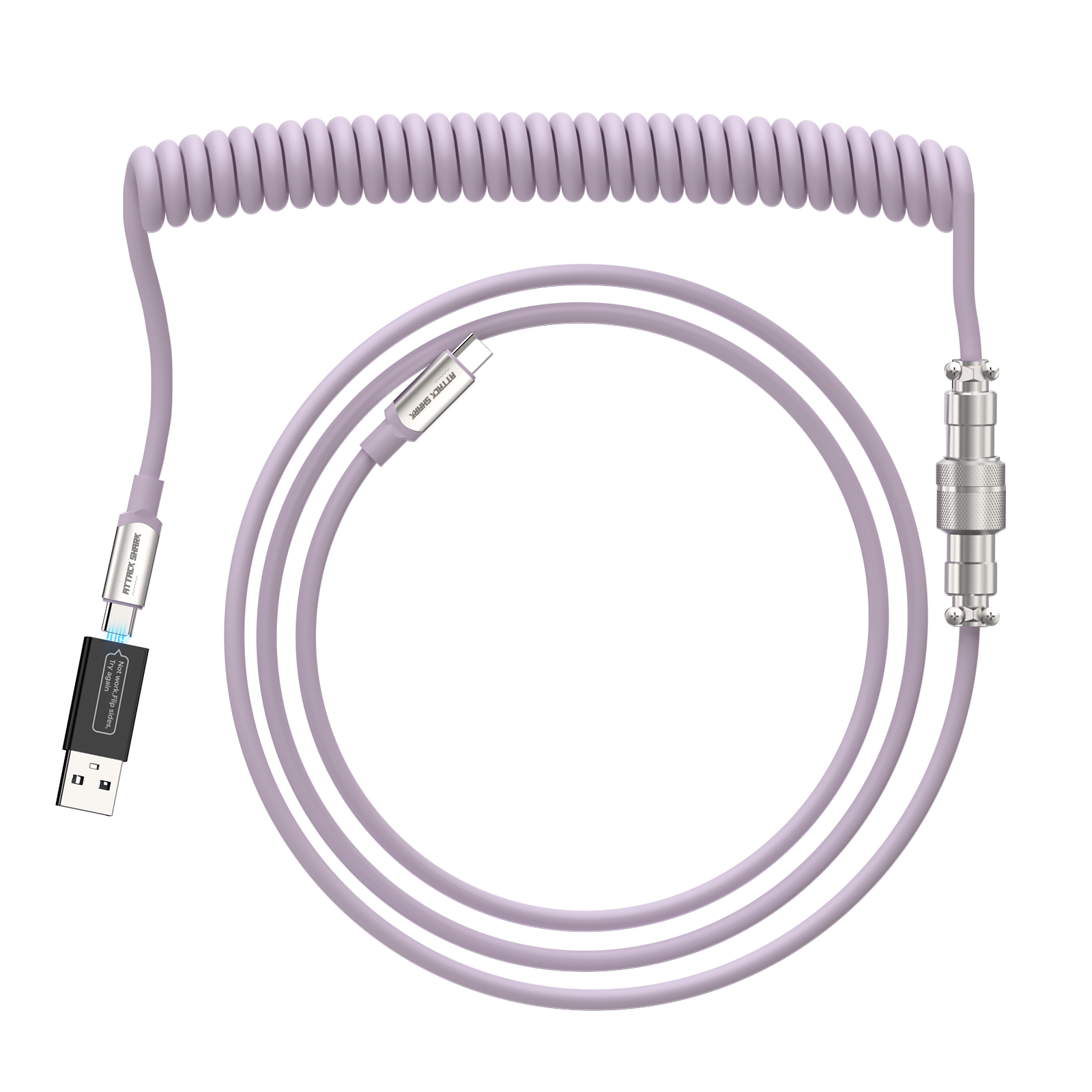 Coiled USB C keyboard cable in lavender with USB-A adapter and metal connector.