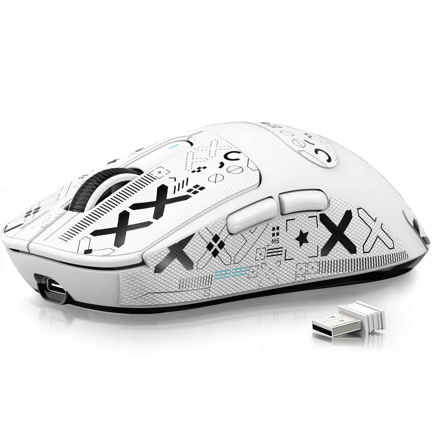 Gaming mouse with stylish abstract grip tape for enhanced performance.