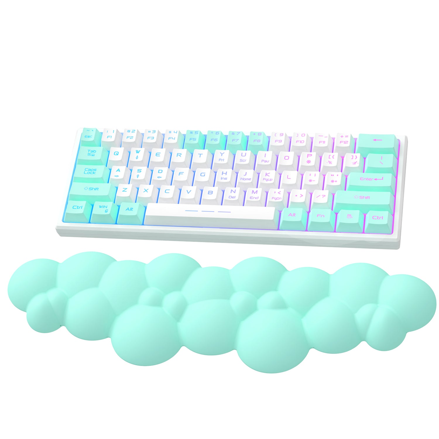 Mint green cloud-shaped ergonomic wrist rest under white and cyan mechanical keyboard.