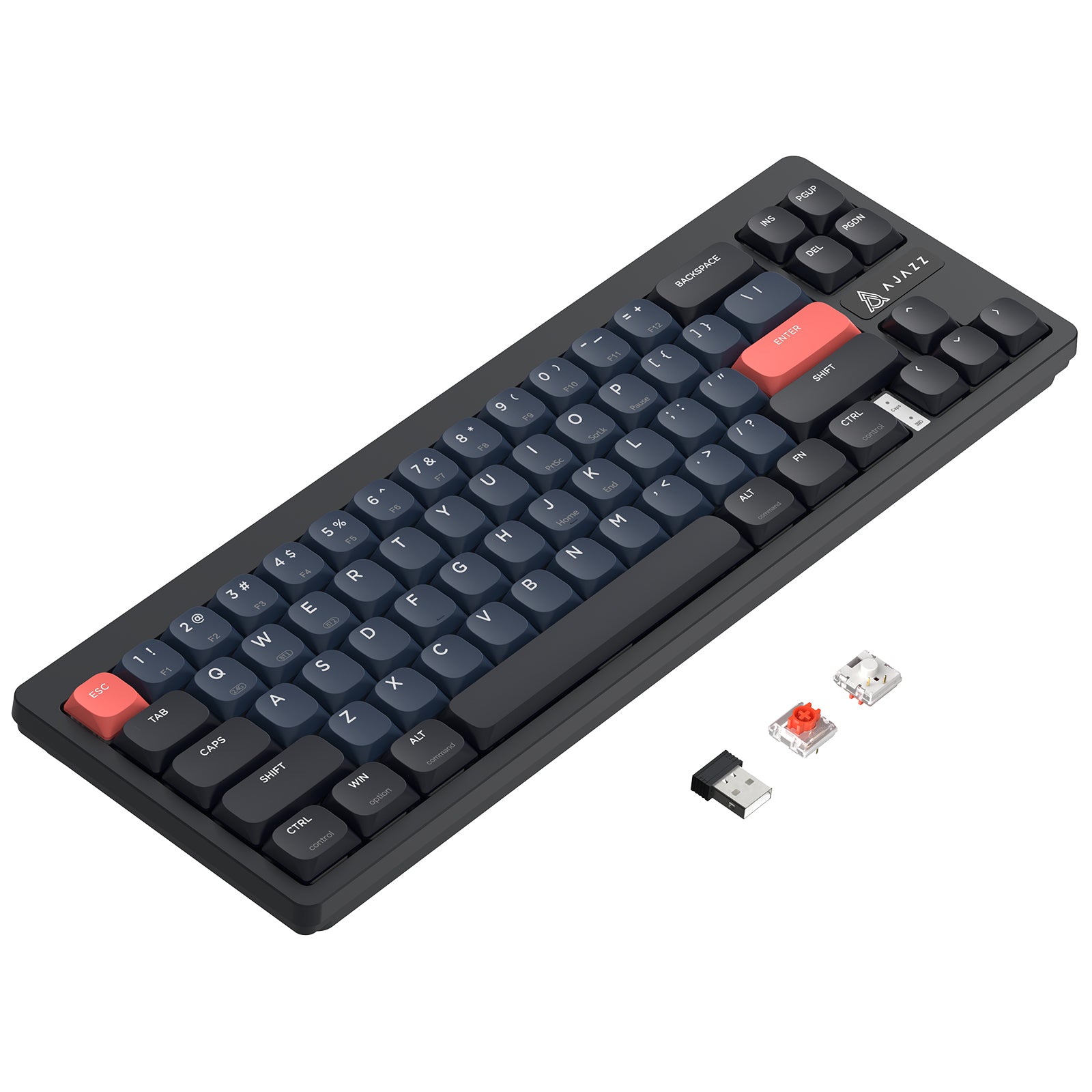 AKL680 wireless mechanical keyboard with detachable key switches and USB receiver.