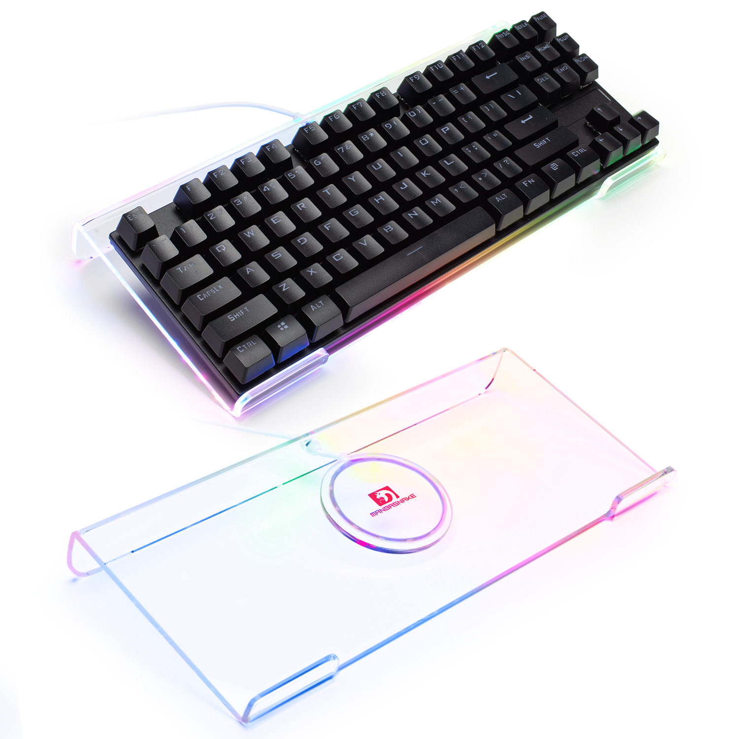 Ergonomic RGB keyboard holder with black mechanical keyboard on top