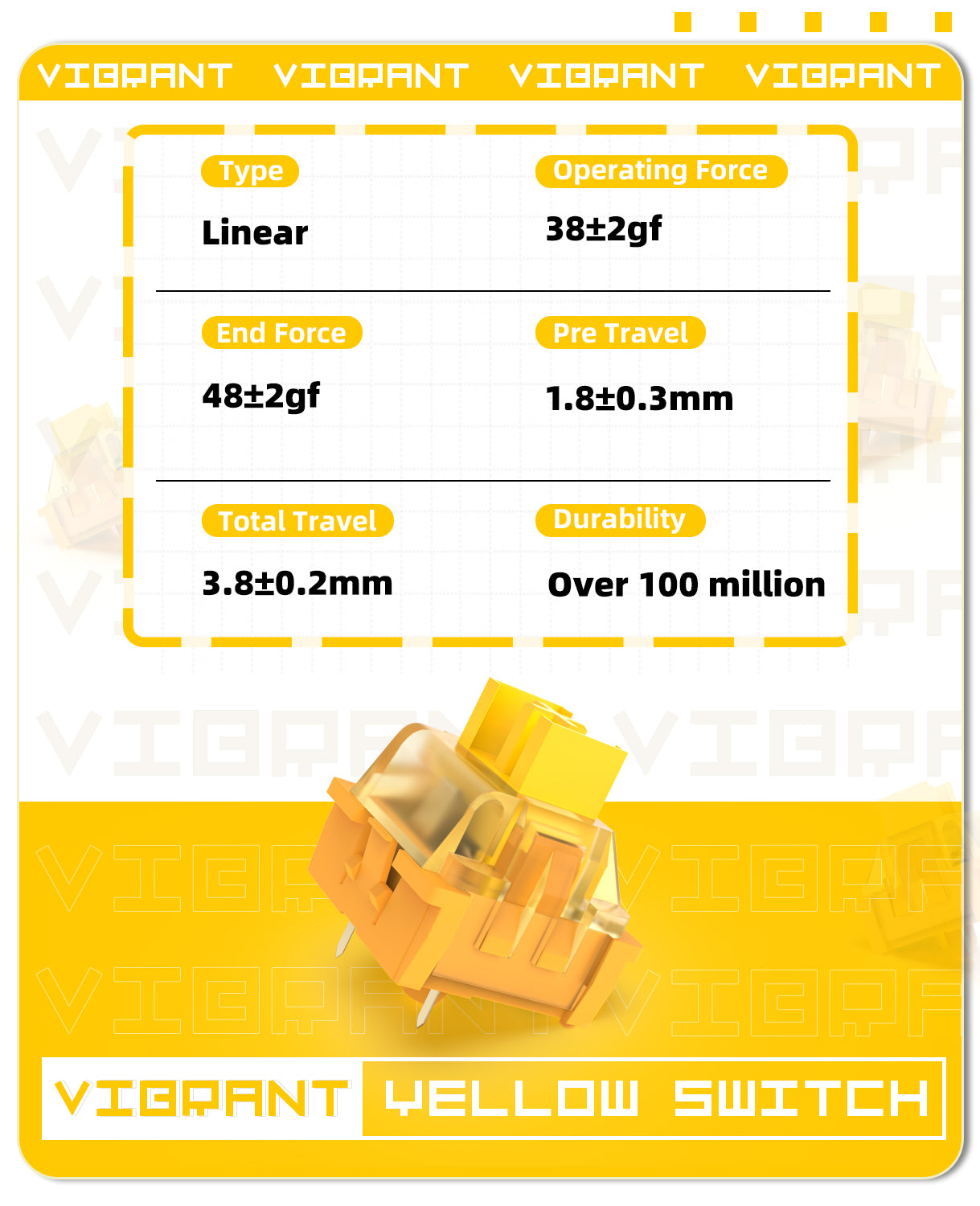 Vibrant Yellow V3 linear switch with specs: 38gf actuation force, 100M clicks durability.