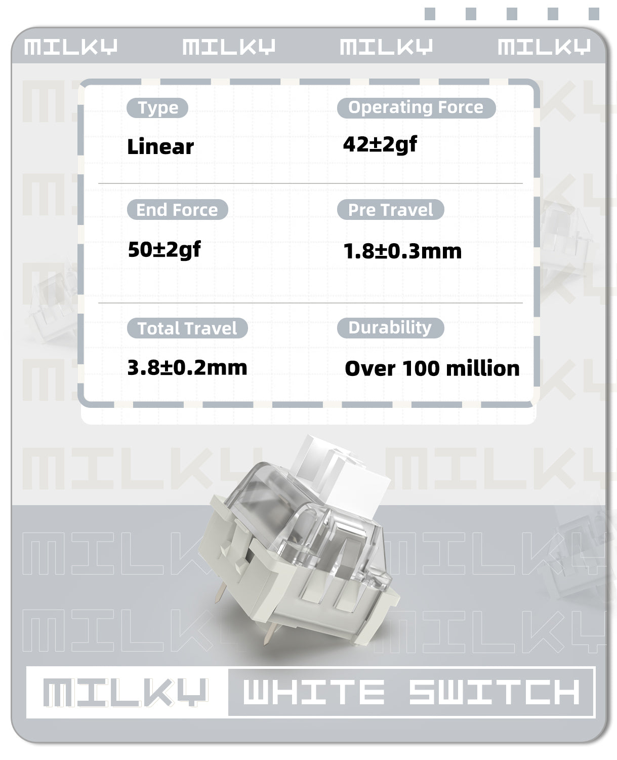 Milky White V3 linear mechanical keyboard switch with specifications.