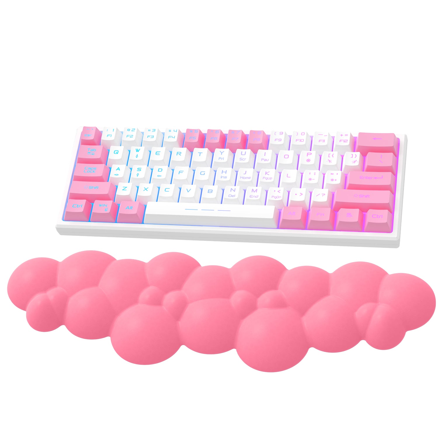 Pink cloud-shaped wrist rest with bubble design next to pastel RGB mechanical keyboard.