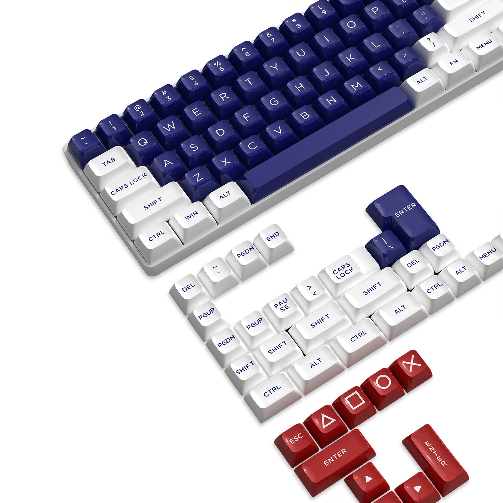 Blue and white PBT keycaps set with red modifiers for mechanical keyboards.