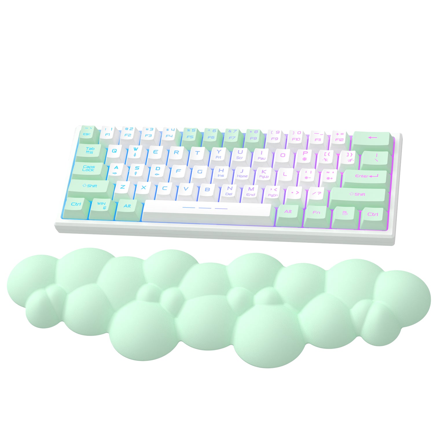 Mint green ergonomic wrist rest alongside pastel RGB mechanical keyboard.