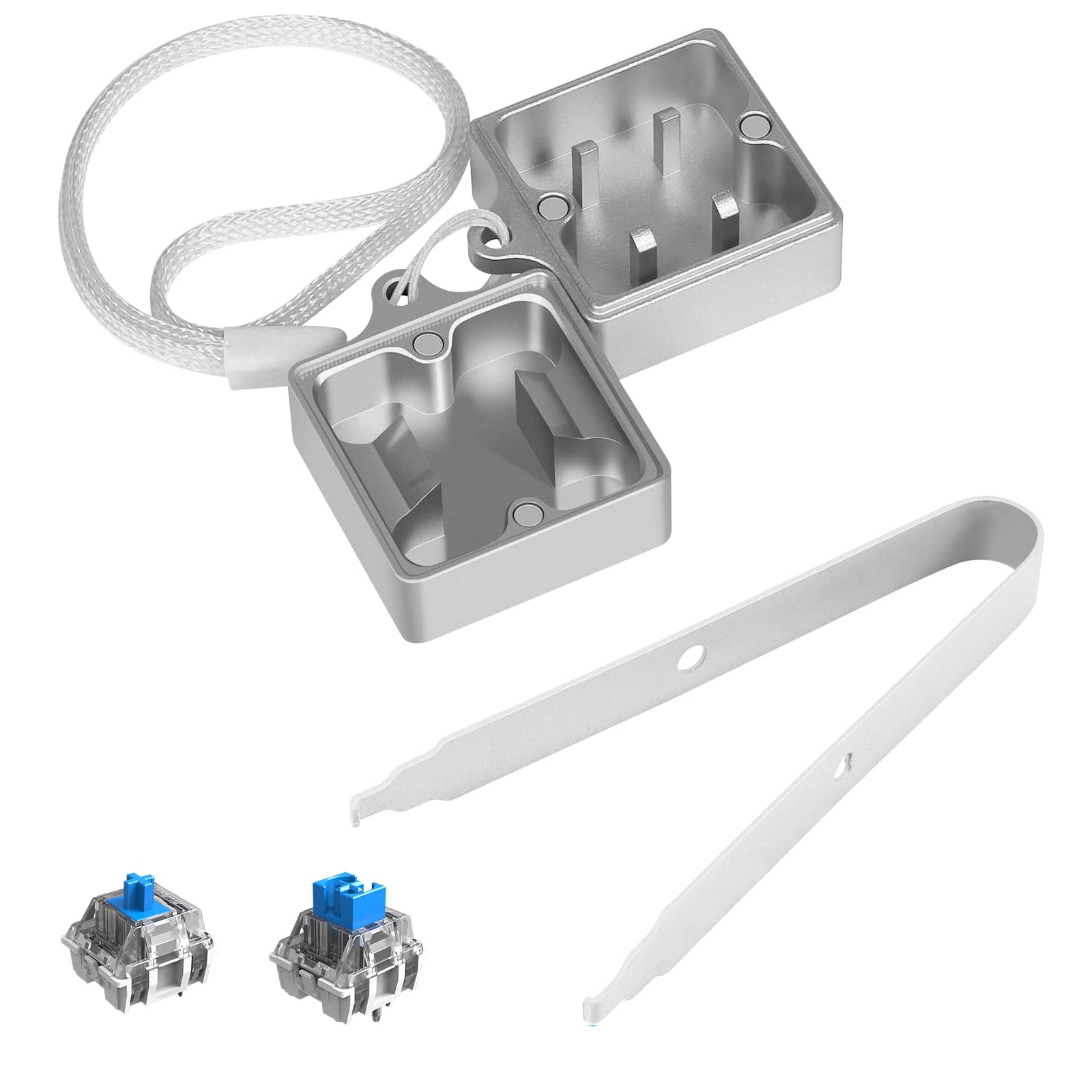 Lightweight aluminum switch opener kit with puller for mechanical keyboard customization.