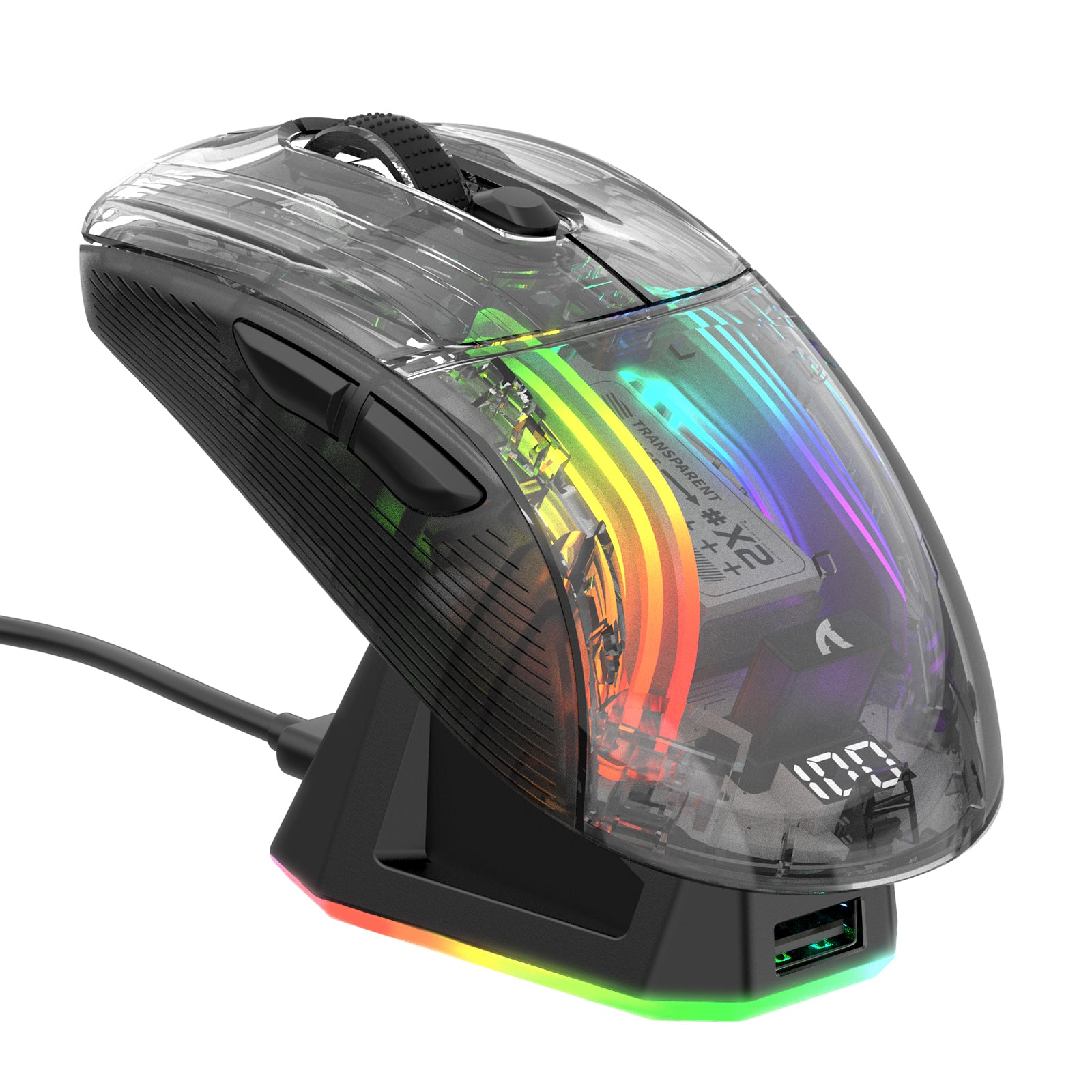 X2PRO wireless gaming mouse with transparent shell and RGB lighting on charging dock