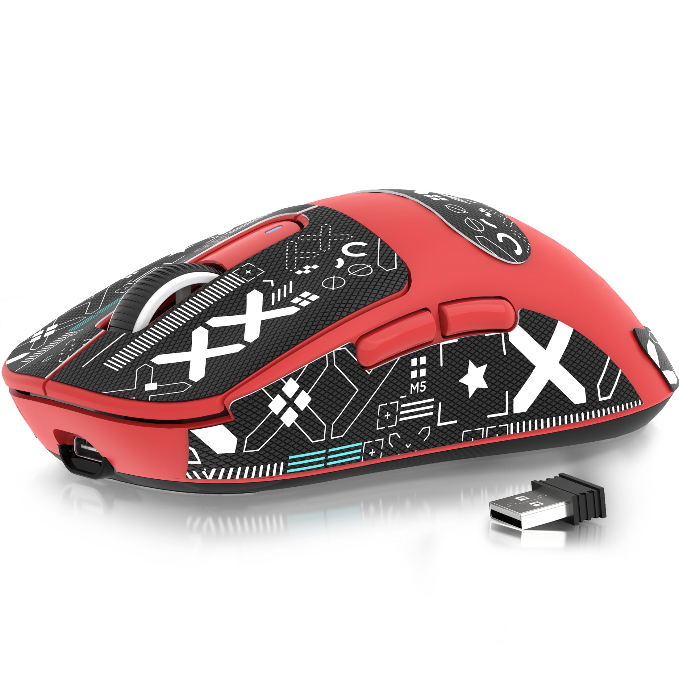 Red Attack Shark X3 wireless gaming mouse with USB receiver and grip tape.