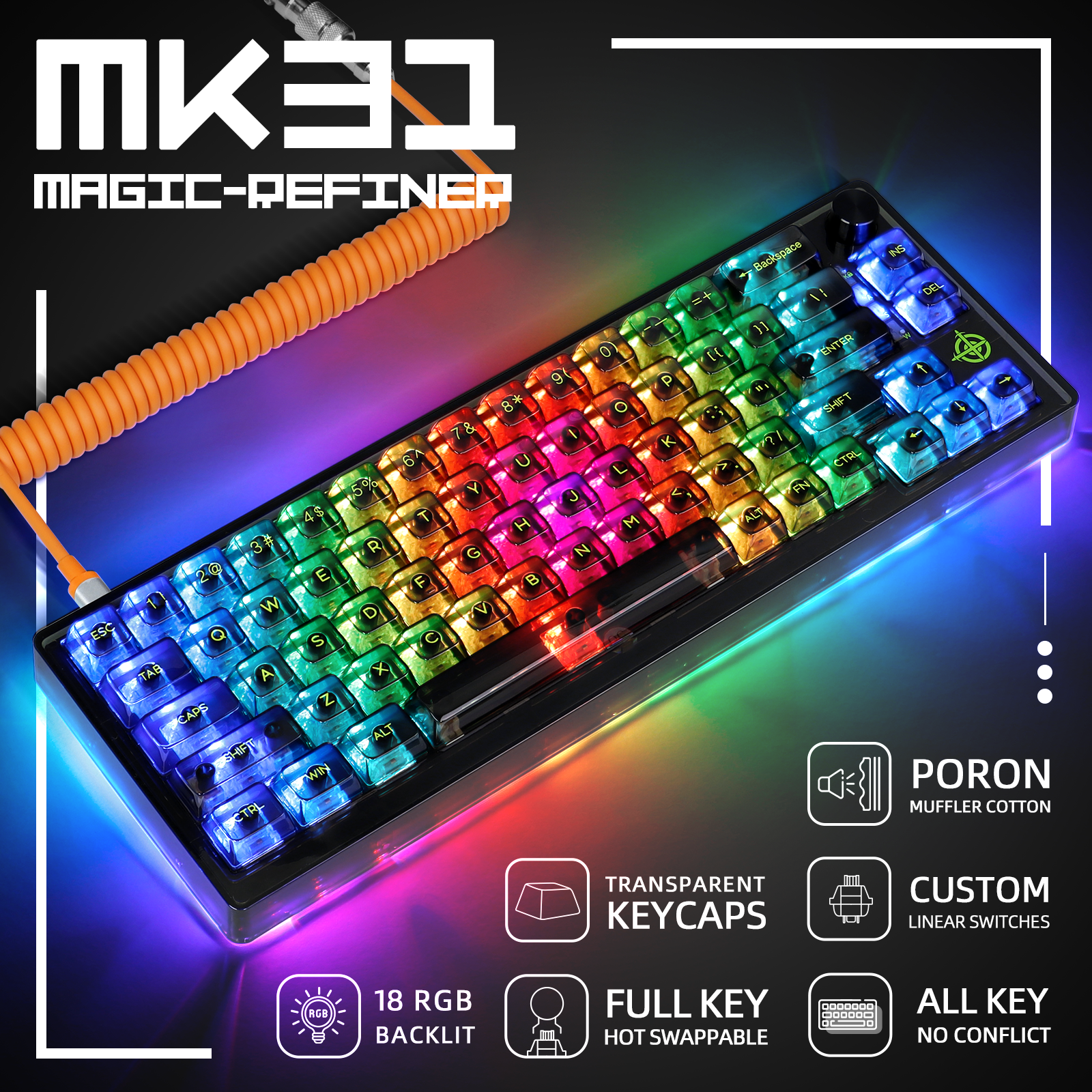 MK31 transparent mechanical keyboard with RGB lighting and coiled USB-C cable.