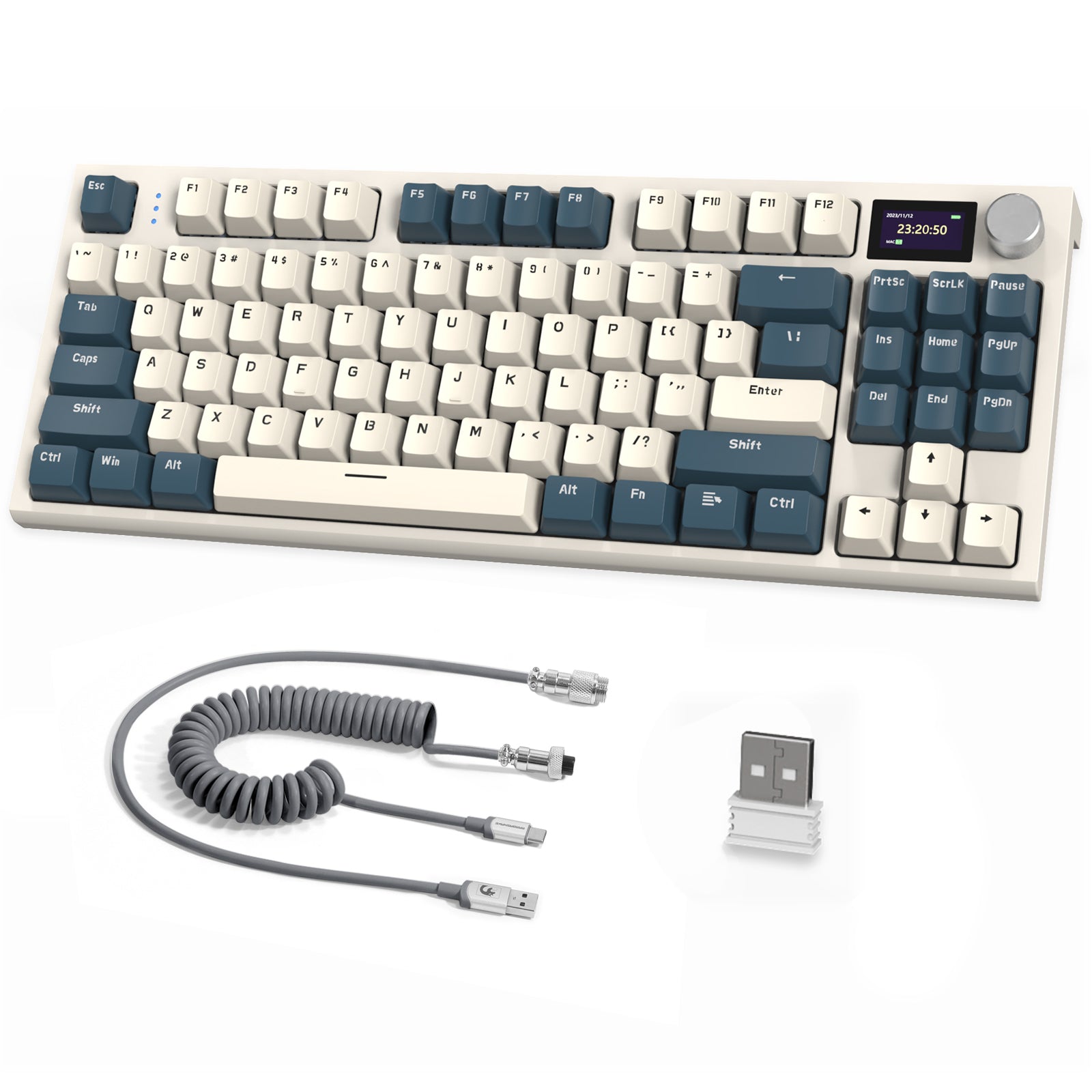 K86PRO wireless mechanical keyboard with PBT keycaps, TFT display, and coiled cable.