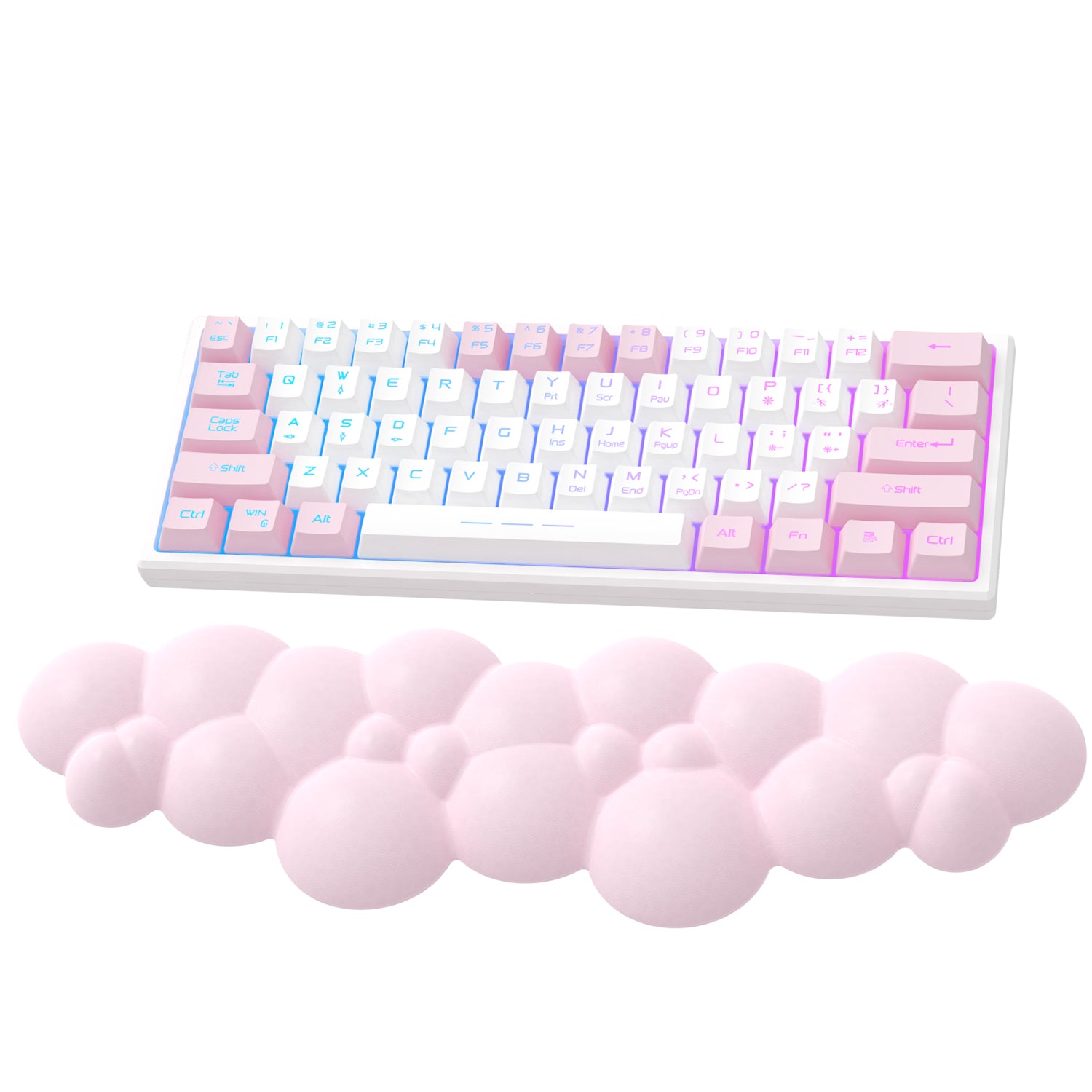 Pink cloud-shaped wrist rest for ergonomic support next to a pastel mechanical keyboard.