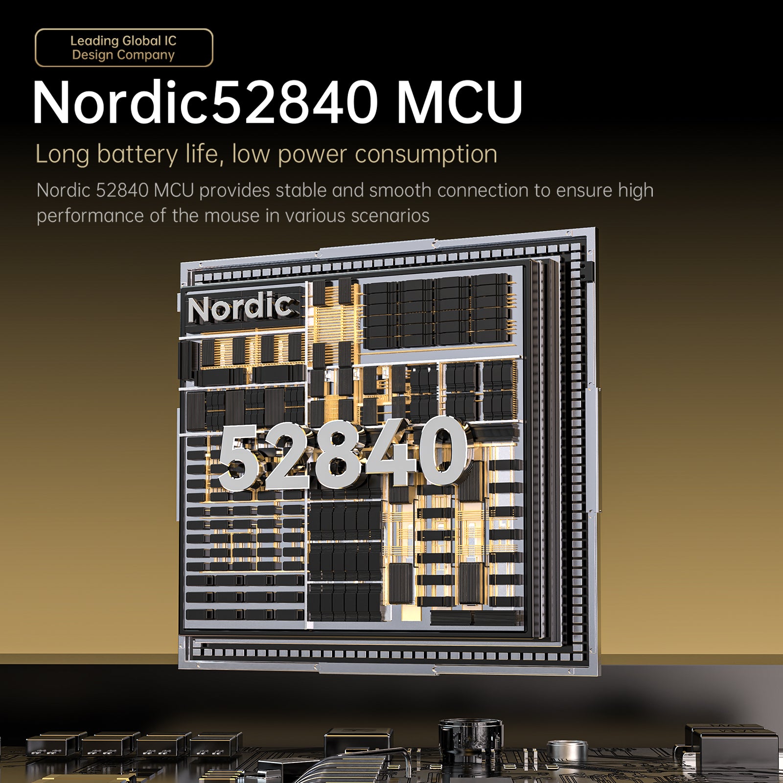 Nordic 52840 MCU chip powering the R11 ULTRA gaming mouse for stable performance.