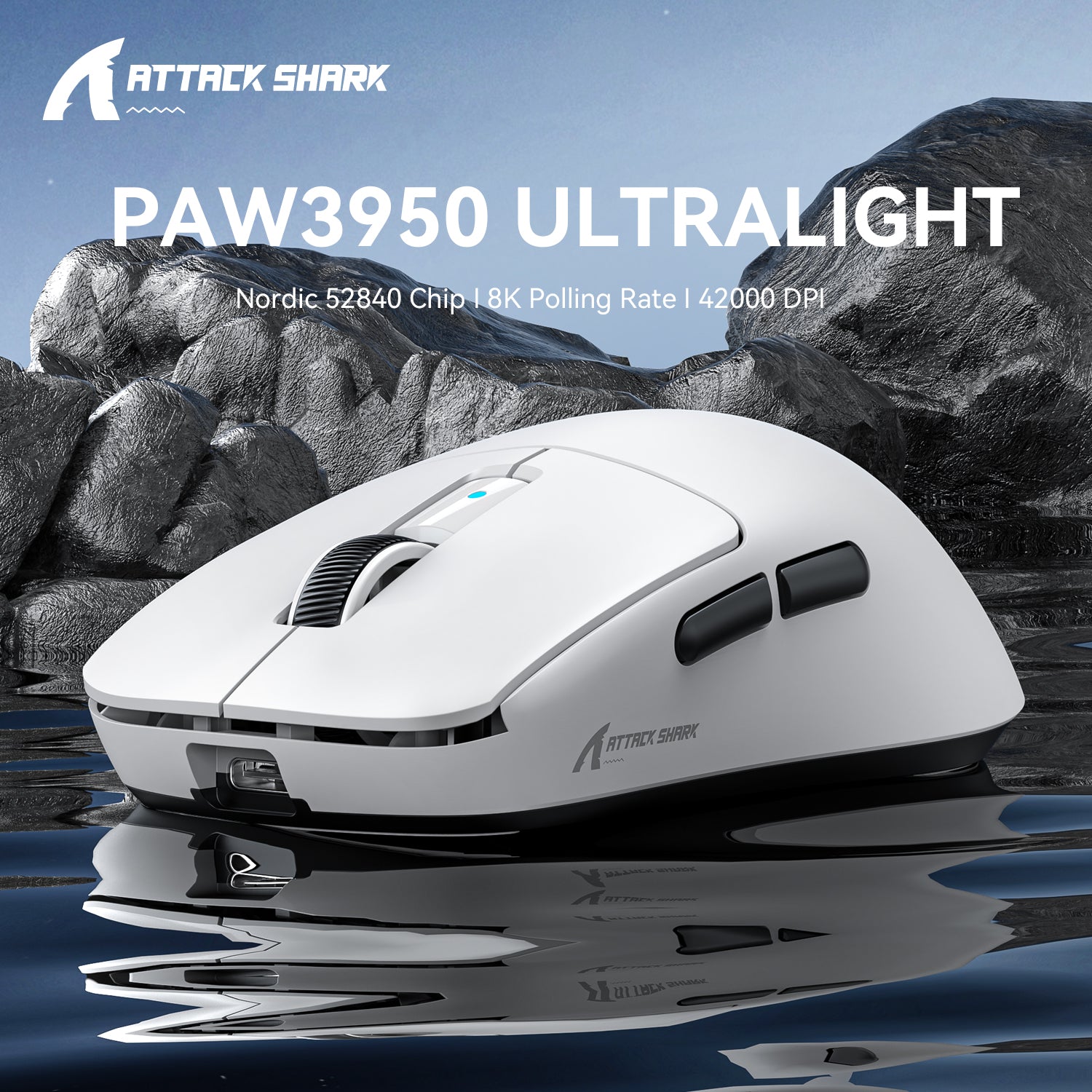 Attack Shark R6 gaming mouse in white with PAW3950 sensor on rocky background.