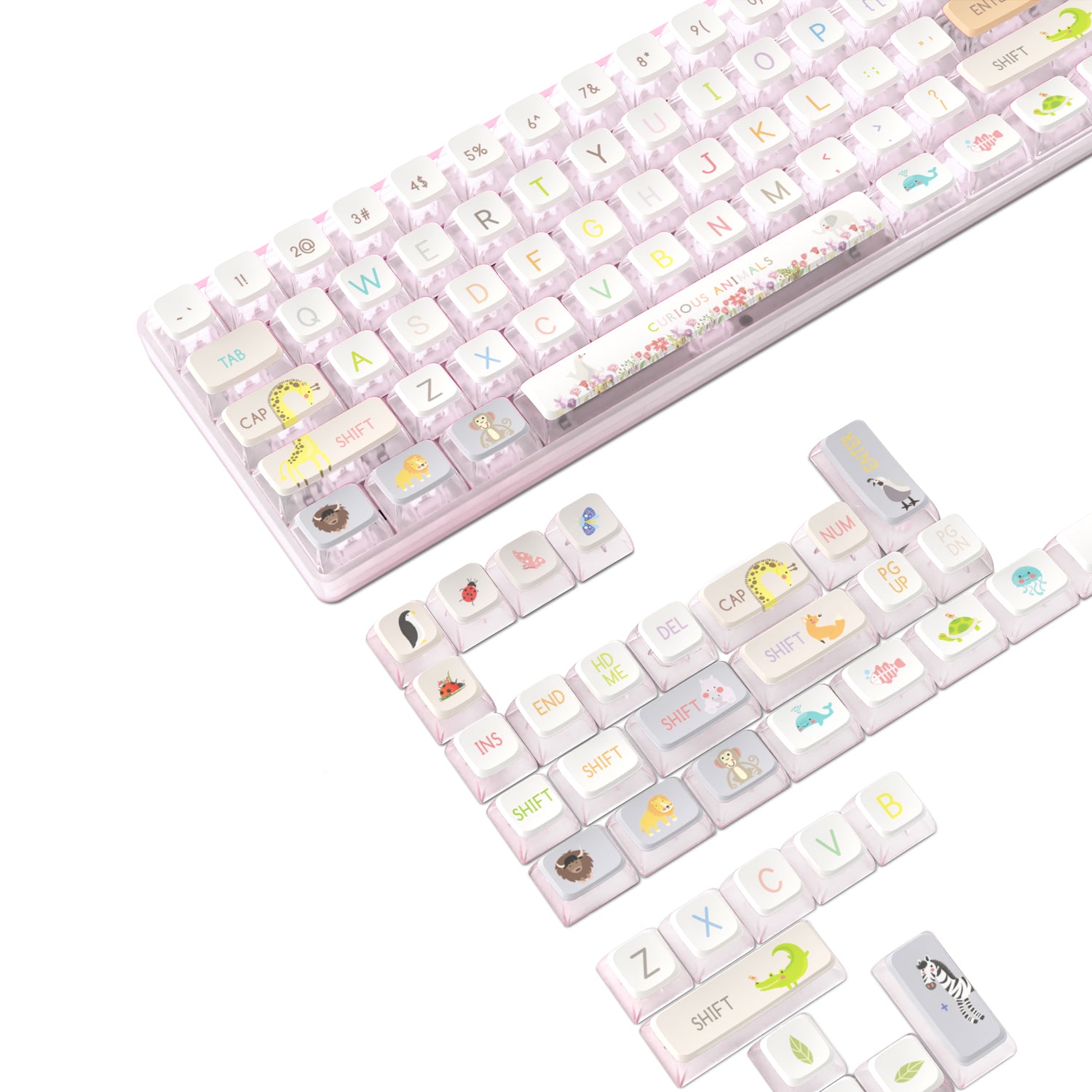 Pink mechanical keyboard with kawaii cat and floral keycaps for a playful design.