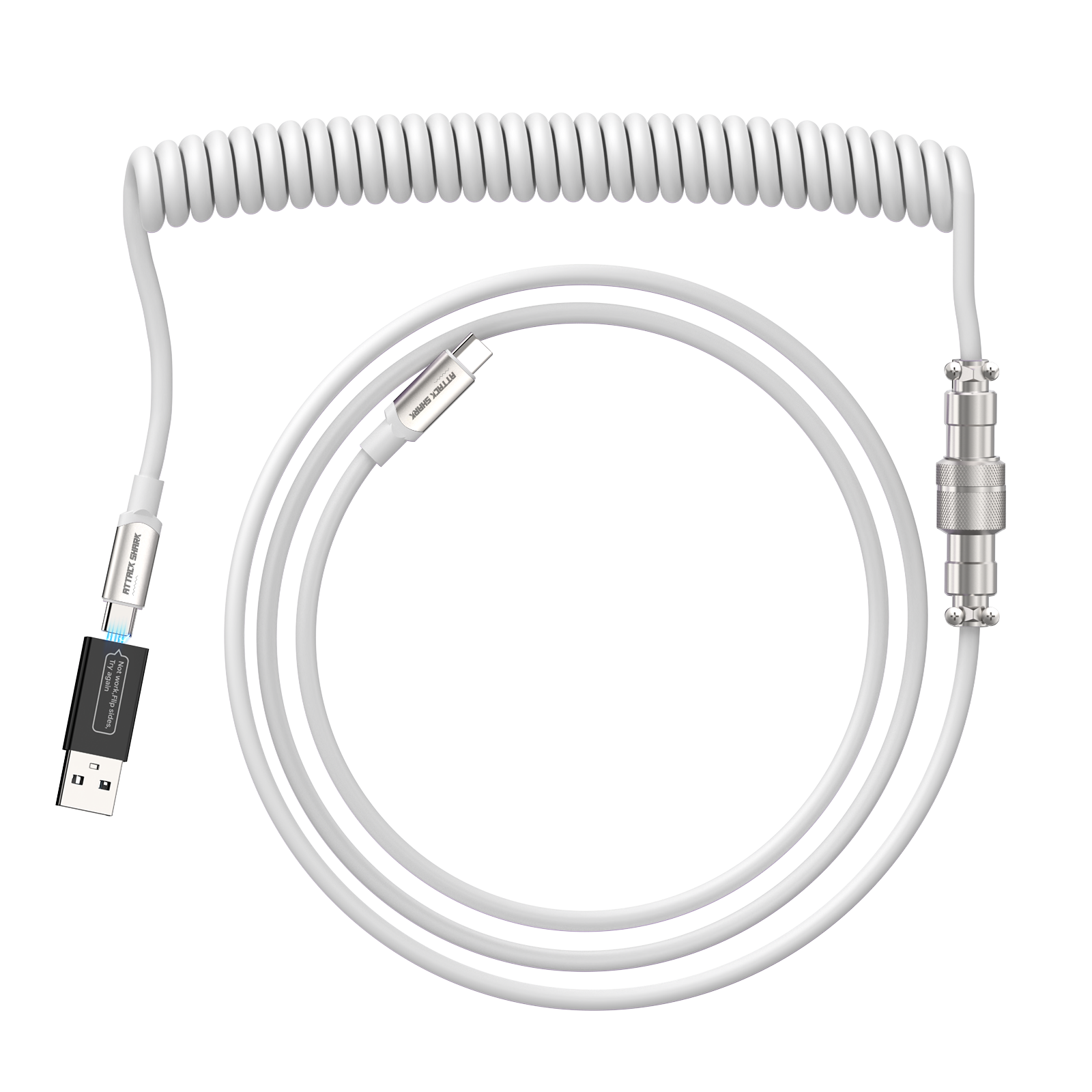 Coiled USB C mechanical keyboard cable with USB-A adapter and detachable connector.