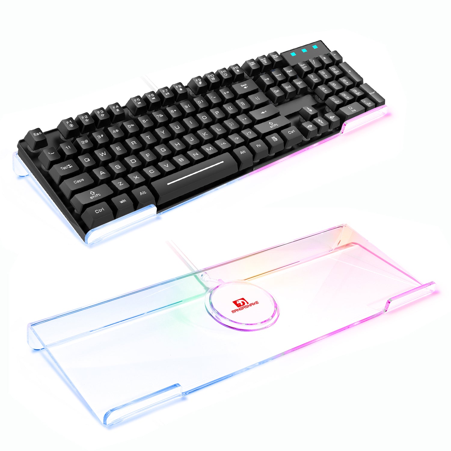 Stylish ergonomic RGB keyboard holder with a black mechanical keyboard on top.