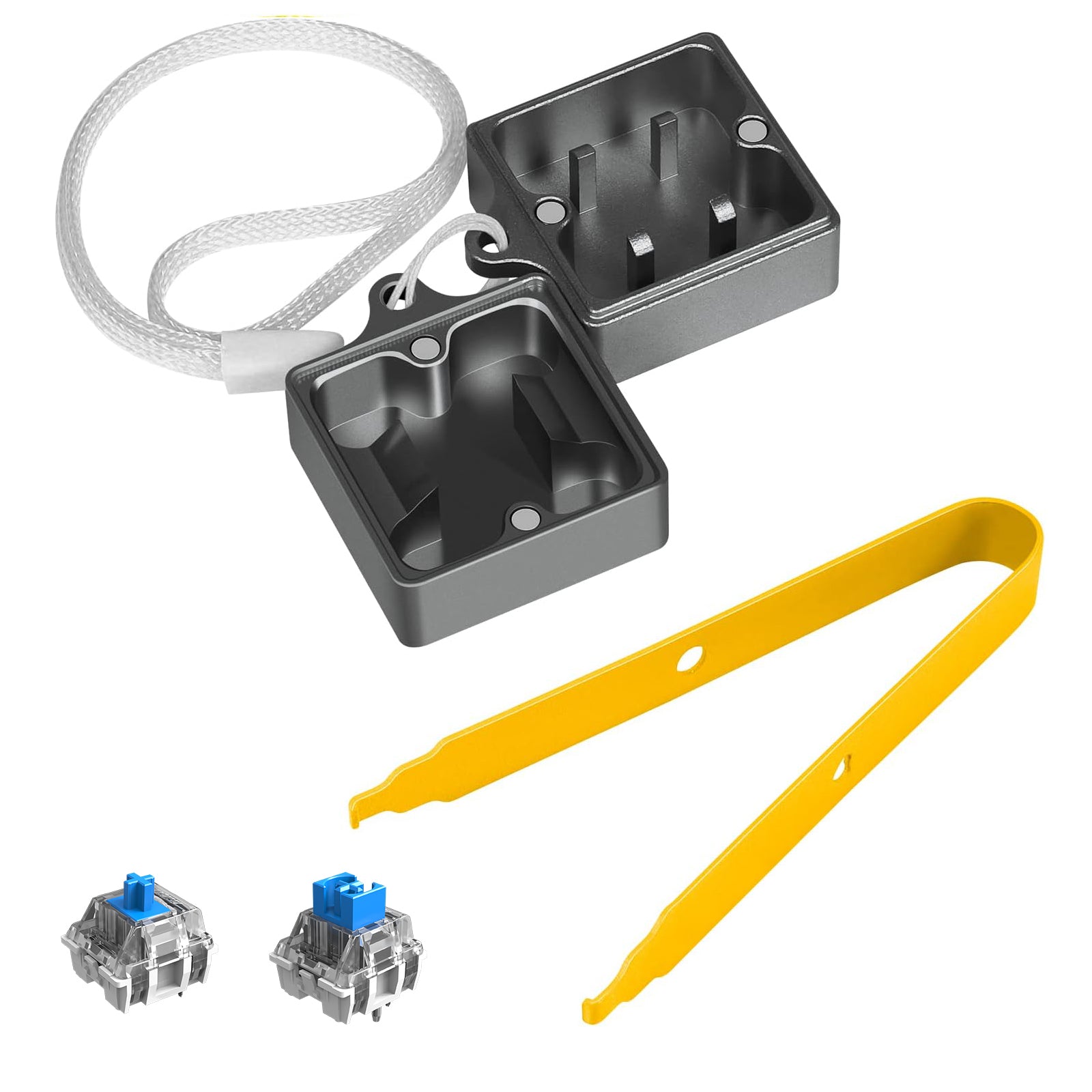 Gray 2-in-1 switch opener kit with yellow puller for Cherry MX switches.