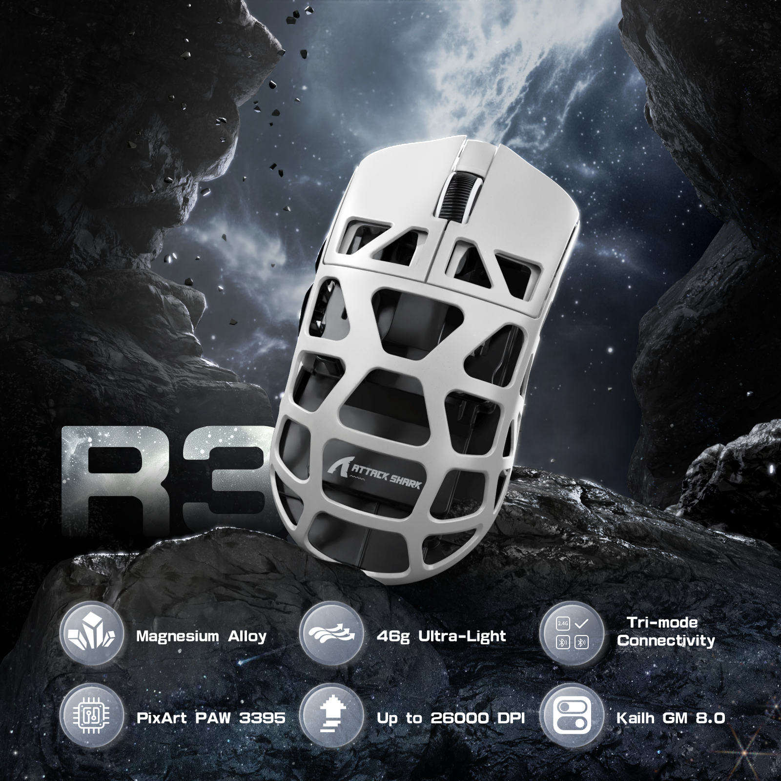 Attack Shark R3 gaming mouse showcasing magnesium alloy, lightweight design, and tri-mode connectivity.