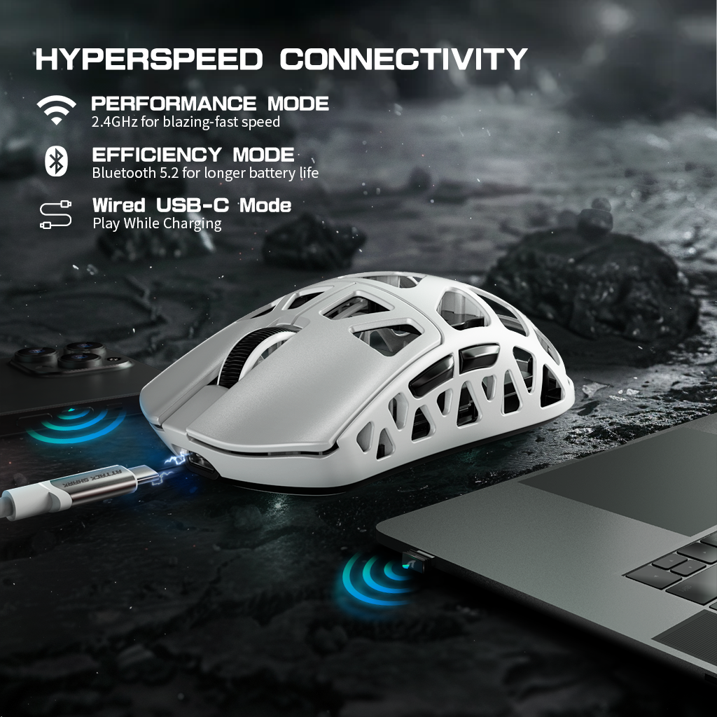 Attack Shark R3 gaming mouse with HYPERSPEED connectivity modes and USB-C charging.