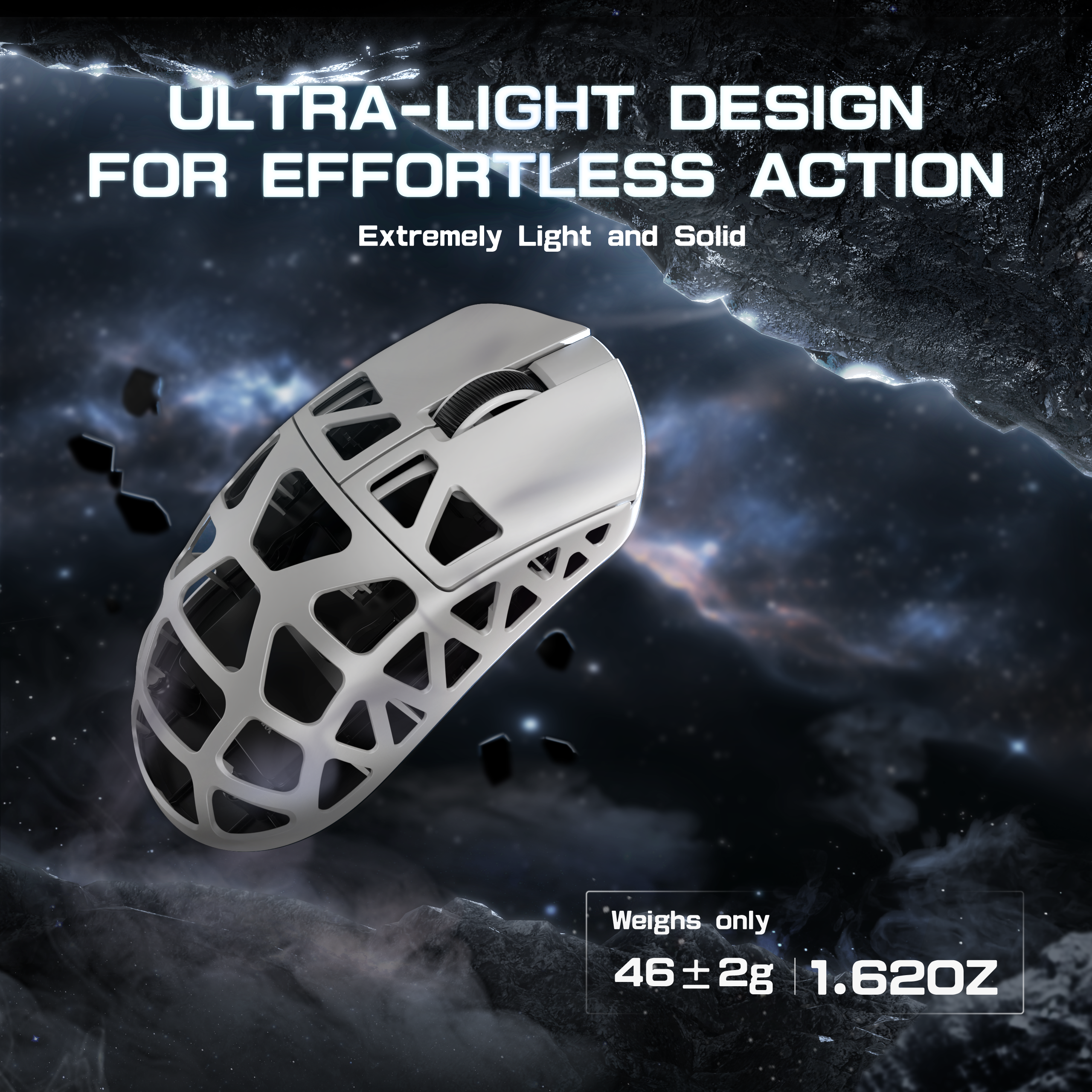 Ultra-light Attack Shark R3 gaming mouse with hollow shell, weighs 46g.