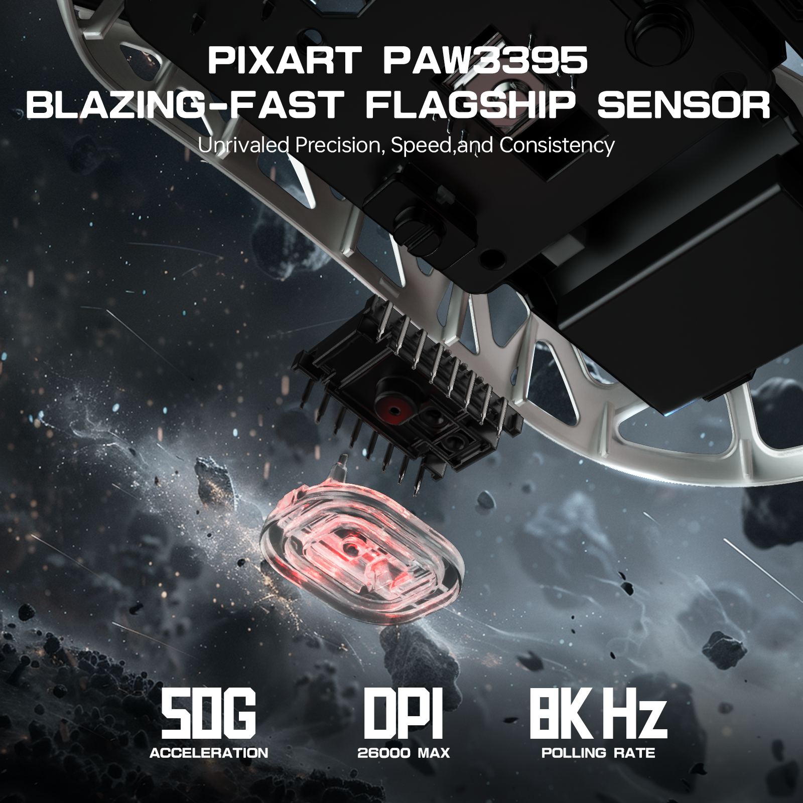 PixArt PAW3395 gaming mouse sensor with 50G acceleration and 26000 DPI in cosmic setting.