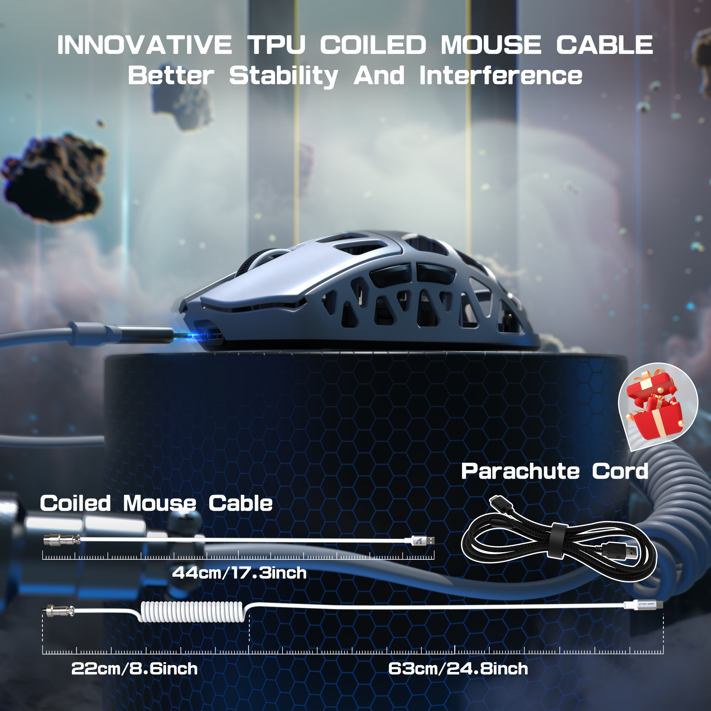 Attack Shark R3PRO gaming mouse coiled TPU cable for stability with parachute cord lengths.