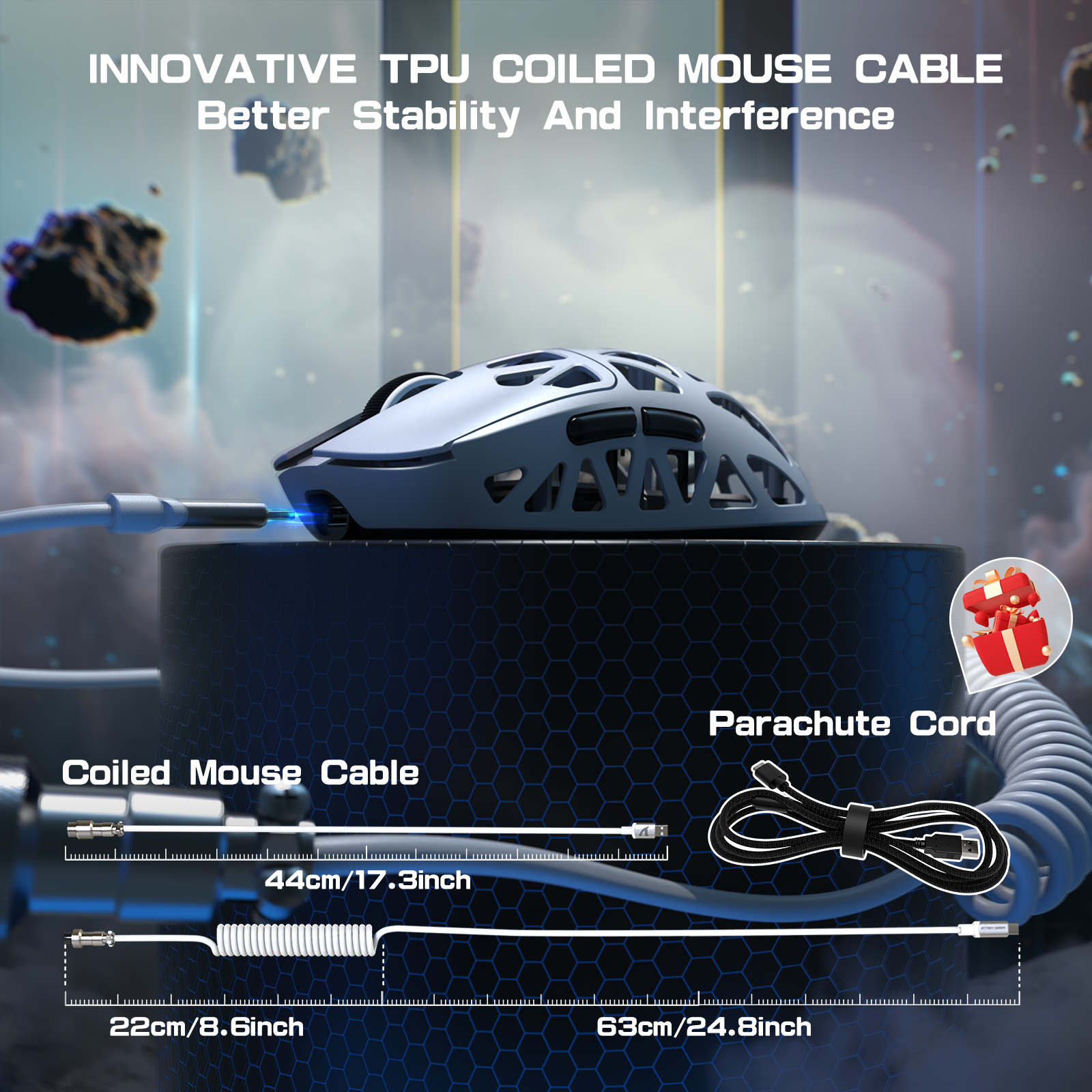 ATTACK SHARK R2PRO Gaming Mouse with TPU coiled cable and parachute cord specifications