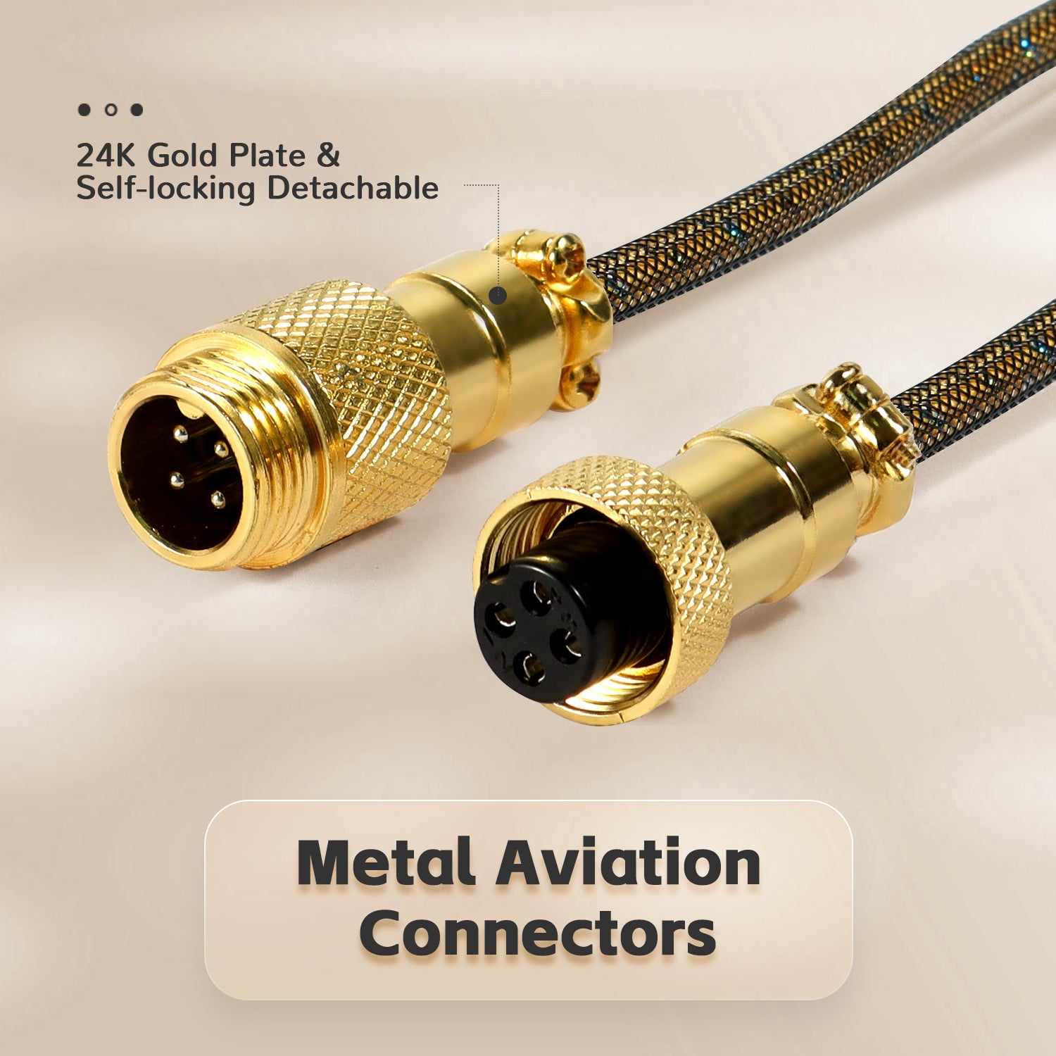 Metal aviation connectors of C03 USB-C keyboard cable with gold plating.