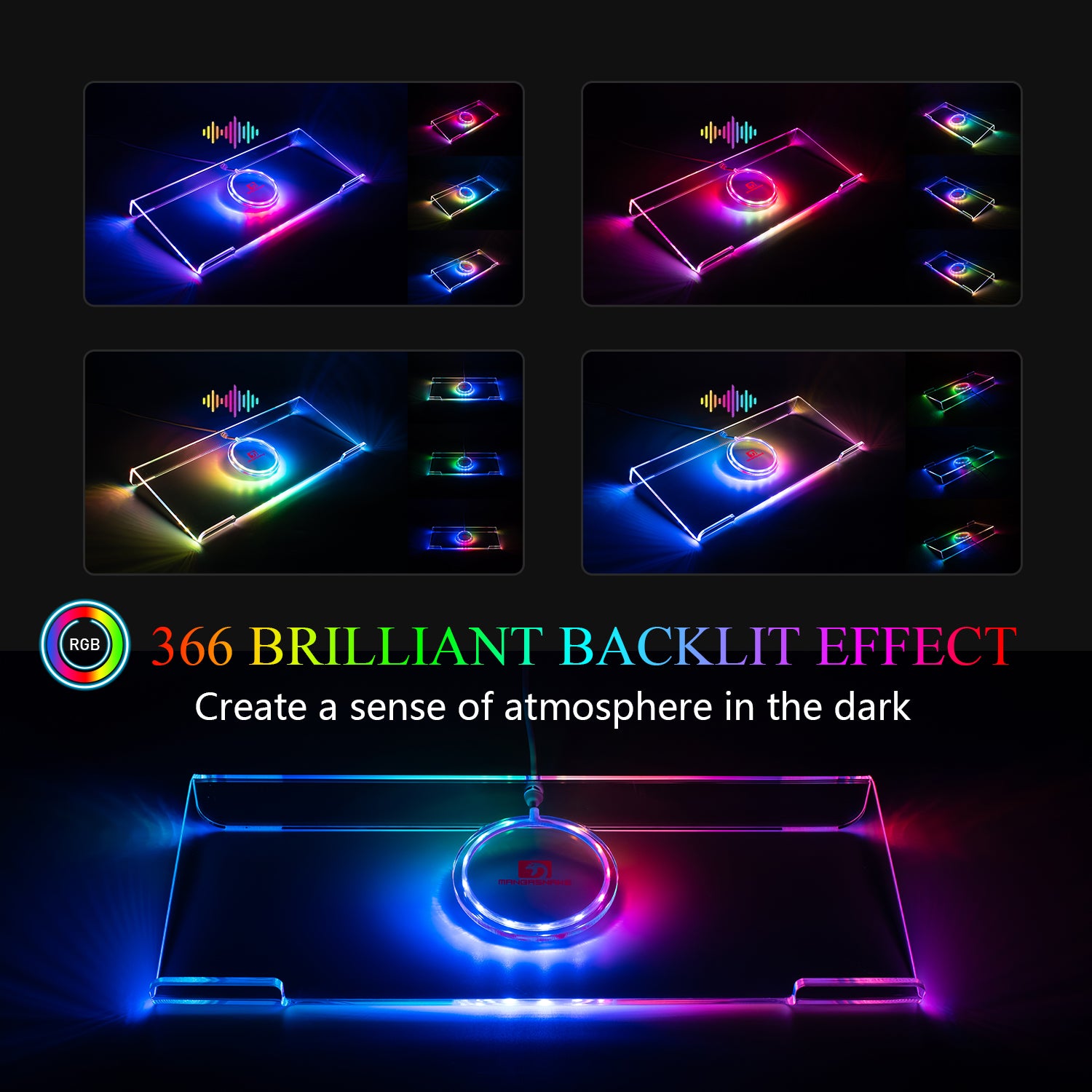 RGB keyboard holder with 366 lighting effects displayed in dark environment