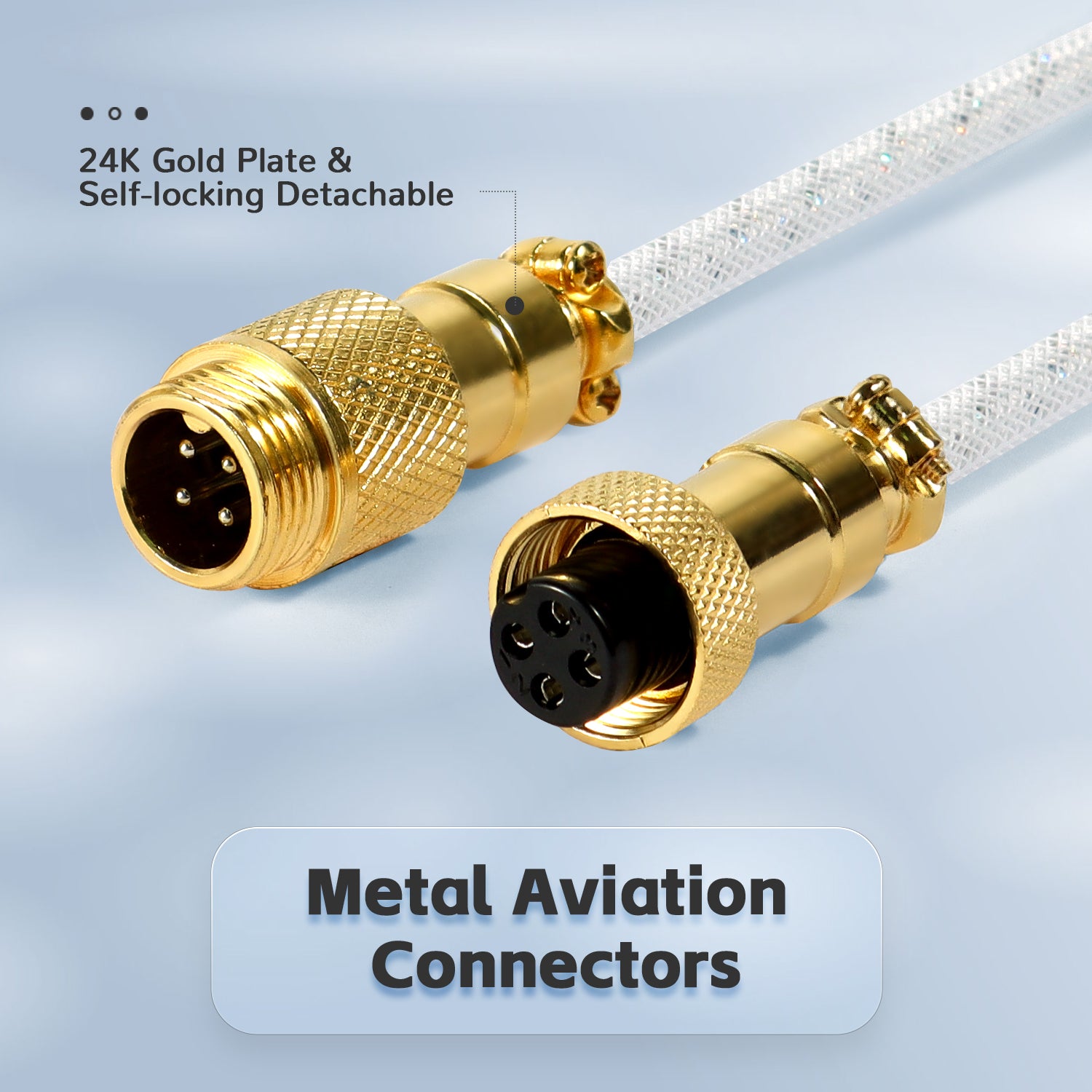 Close-up of gold plated metal aviation connectors for USB-C keyboard cable