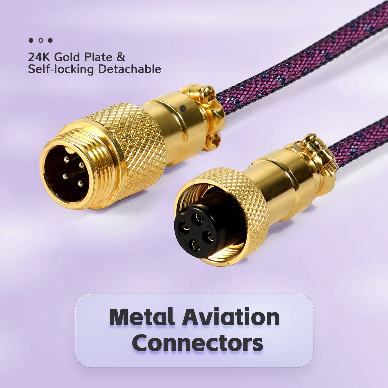 Metal aviation connectors with 24K gold plating for USB-C keyboard cable.