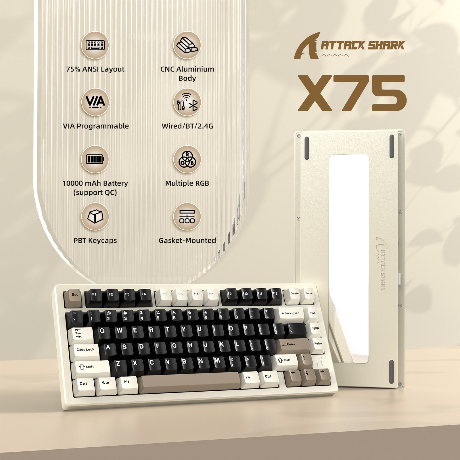 ATTACK SHARK X75 keyboard displaying 75% layout, 10000mAh battery, and RGB features.