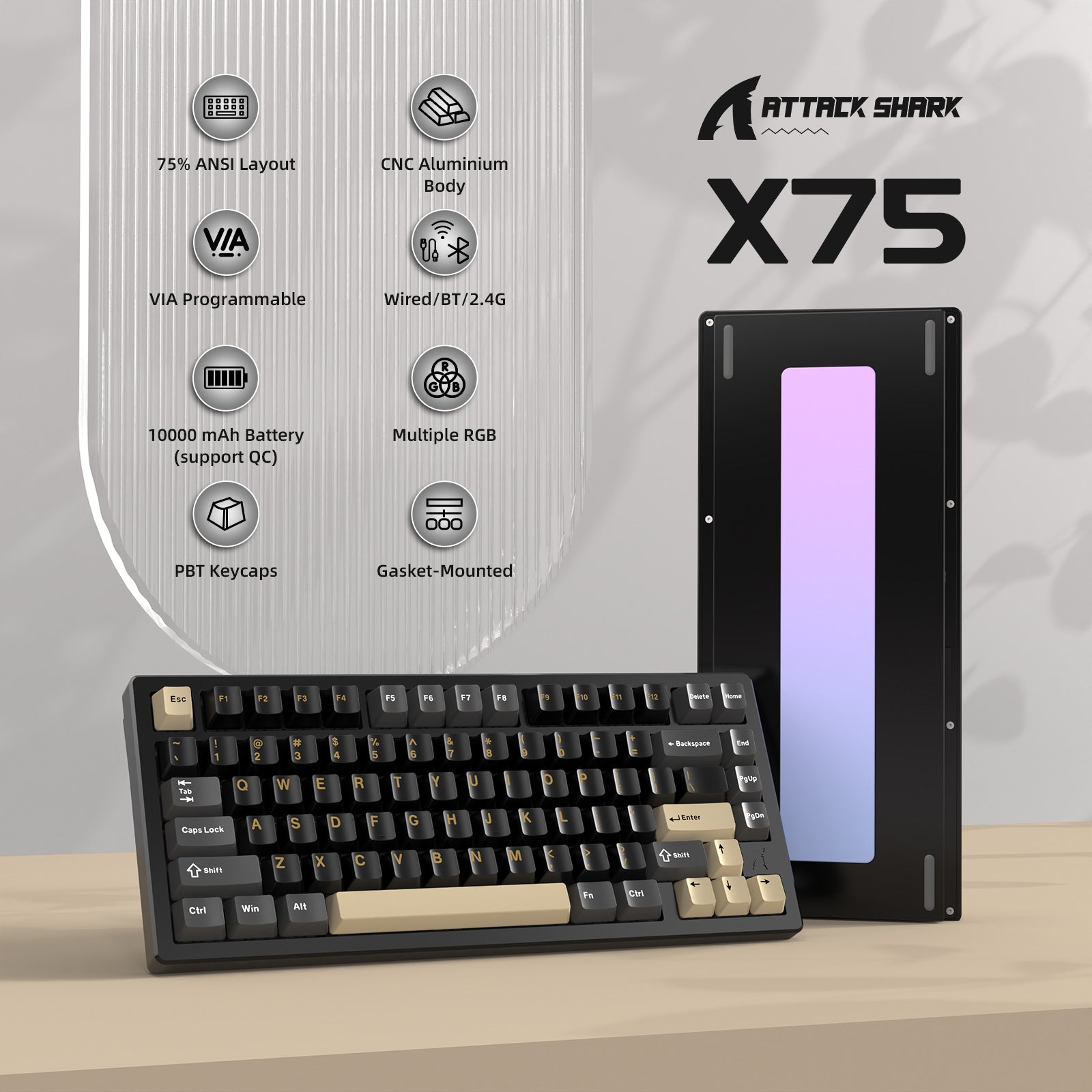 ATTACK SHARK X75 keyboard with 75% layout, aluminum body, and RGB features on modern backdrop.