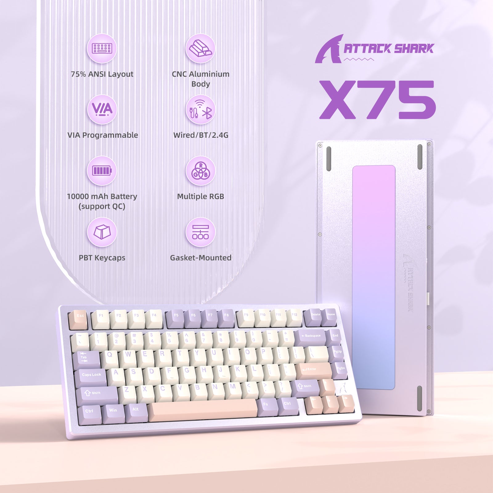 Attack Shark X75 pastel keyboard with 75% layout and key features highlighted.